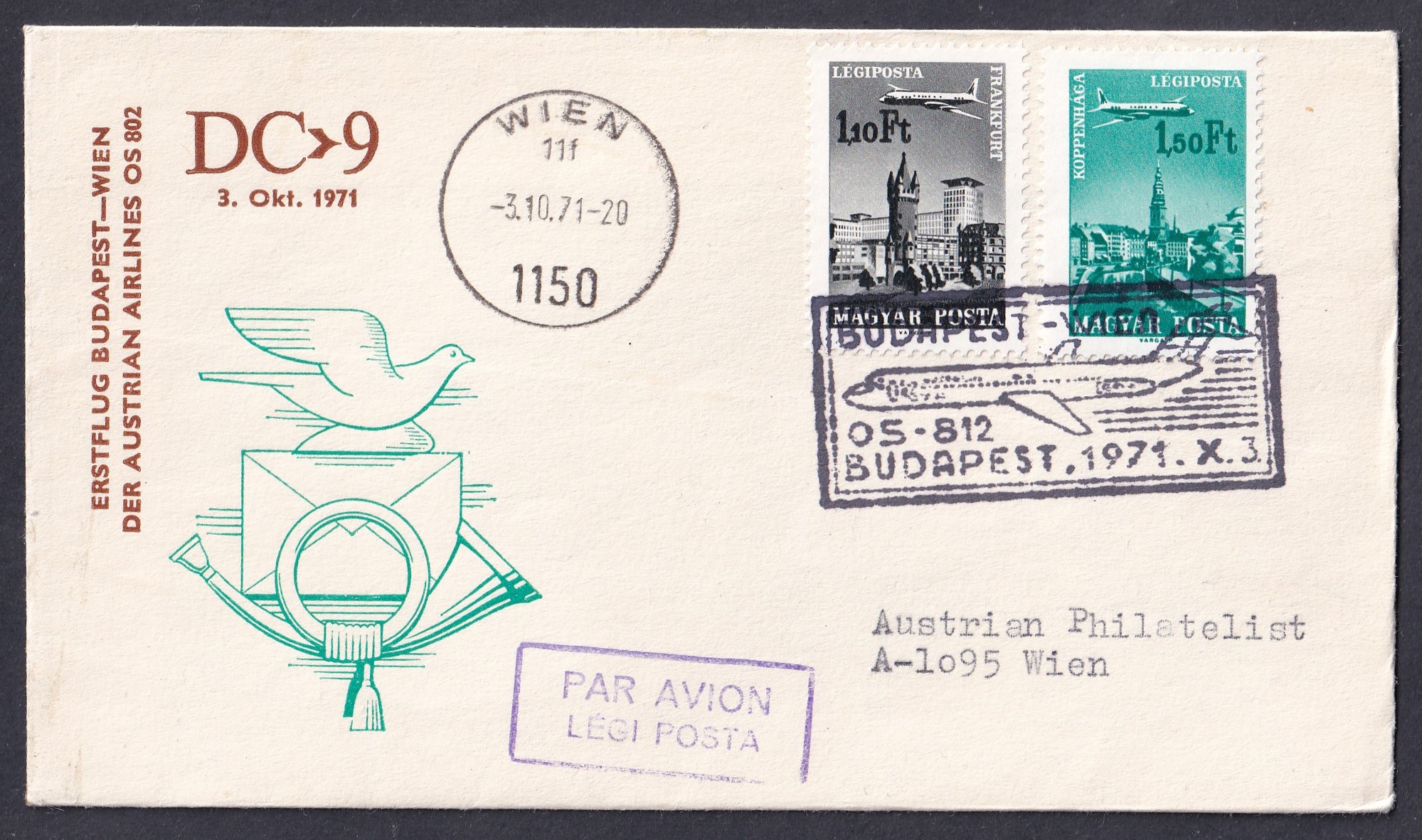 1971. Budapest–Bécs, az Austrian Airlines OS 802-es, DC–9-es járatának első repülési légipostalevele, bécsi érkezési bélyegzéssel.