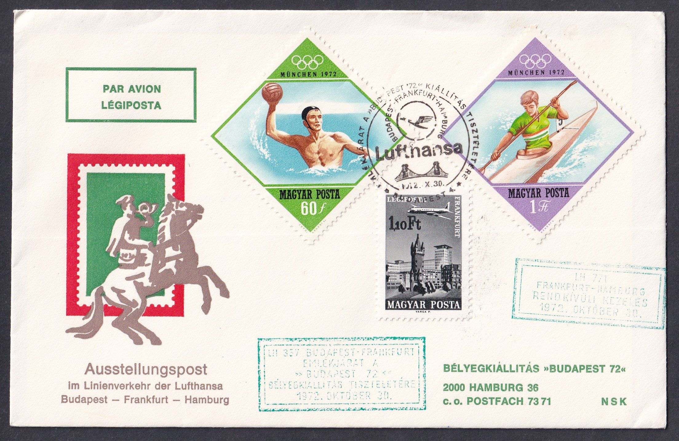 1972. Budapest–Frankfurt–Hamburg, Lufthansa menetrend szerinti légipostai kiállítási levél a „Budapest 72” bélyegkiállításról, alkalmi és hamburgi repülőtéri érkezési bélyegzéssel.