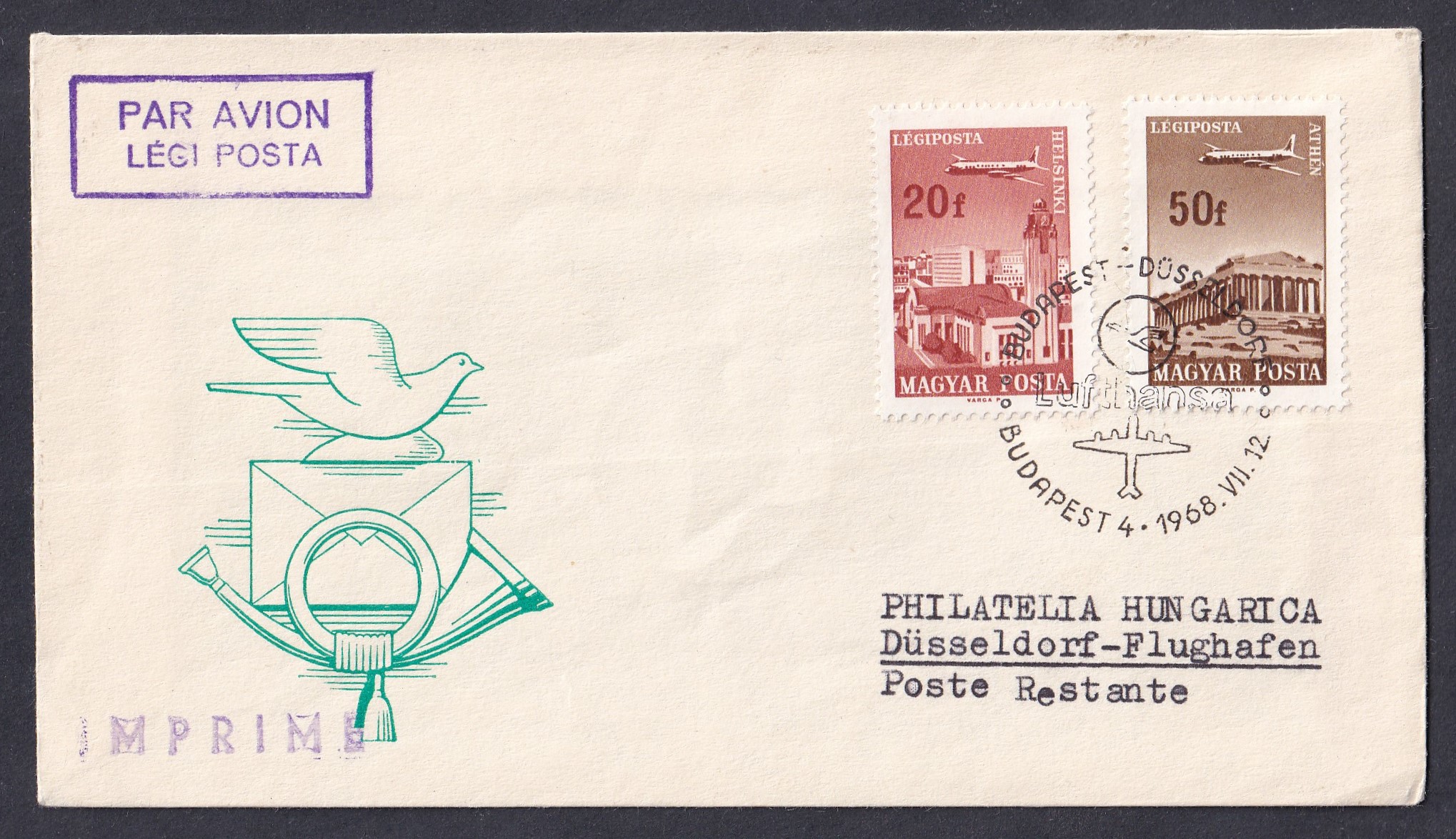IMG_20260731_0016 1968. BUDAPEST–DÜSSELDORF, a Lufthansa járatindítási bélyegzésével ellátott légipostai nyomtatvány, Düsseldorf repülőterére, postán maradóra címezve
