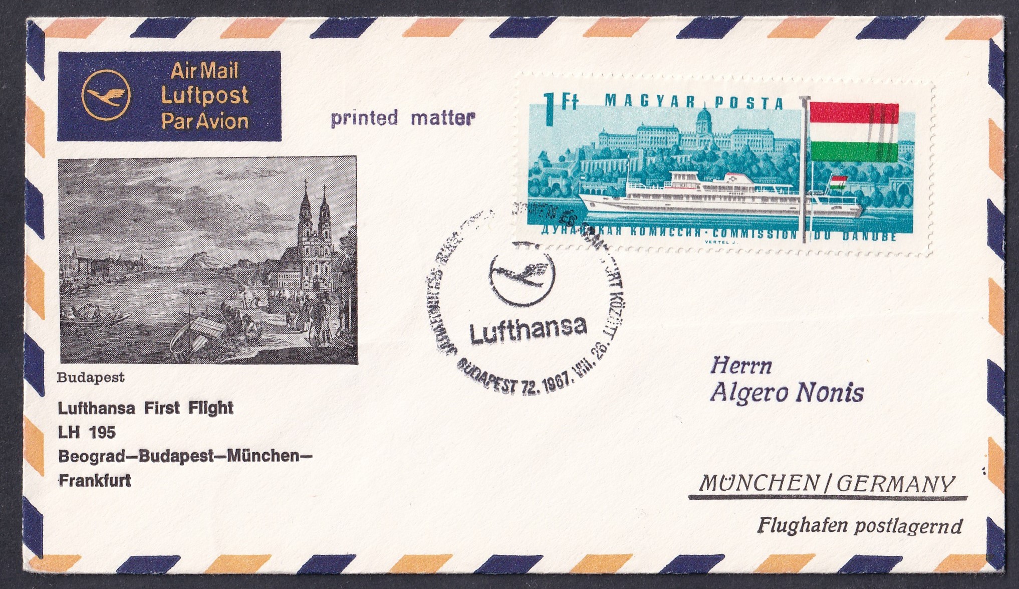 IMG_20260731_0018 1967. BELGRÁD–BUDAPEST–MÜNCHEN–FRANKFURT, a Lufthansa LH 195 első járatának alkalmából készült légipostai nyomtatvány, München repülőterére, postán maradóra címezve, budapesti járatindítási bélyegzéssel
