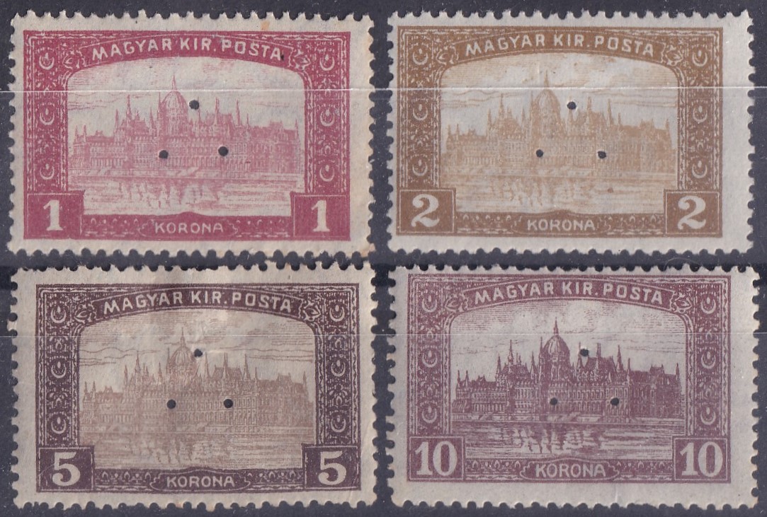 1916. Arató–Parlament 1, 2, 5 és 10 korona hármaslyukasztással