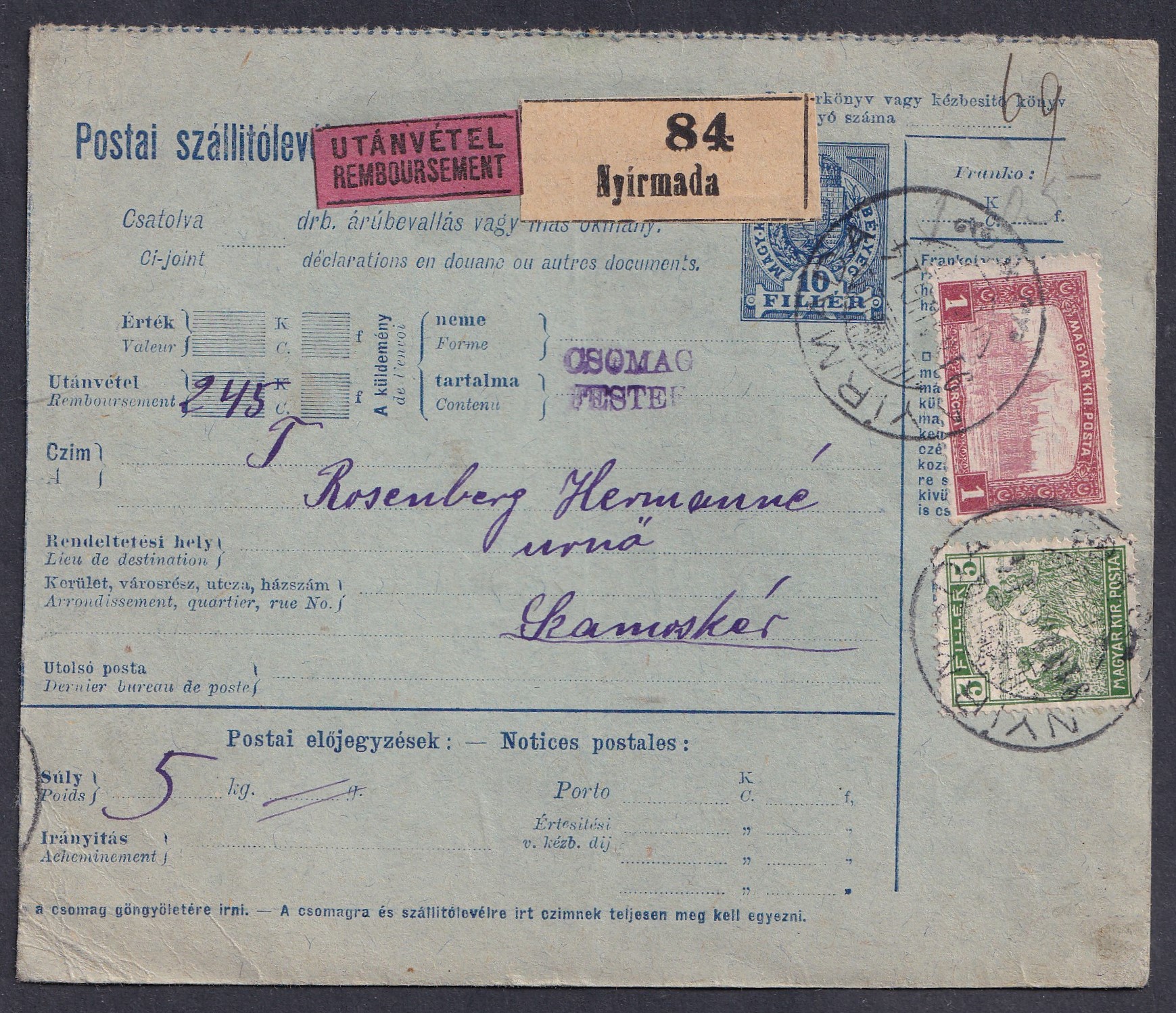 1918. Nyírmada, Számoskérre feladott szállítólevél, Számoskér postaügynökség érkezési bélyegzéssel