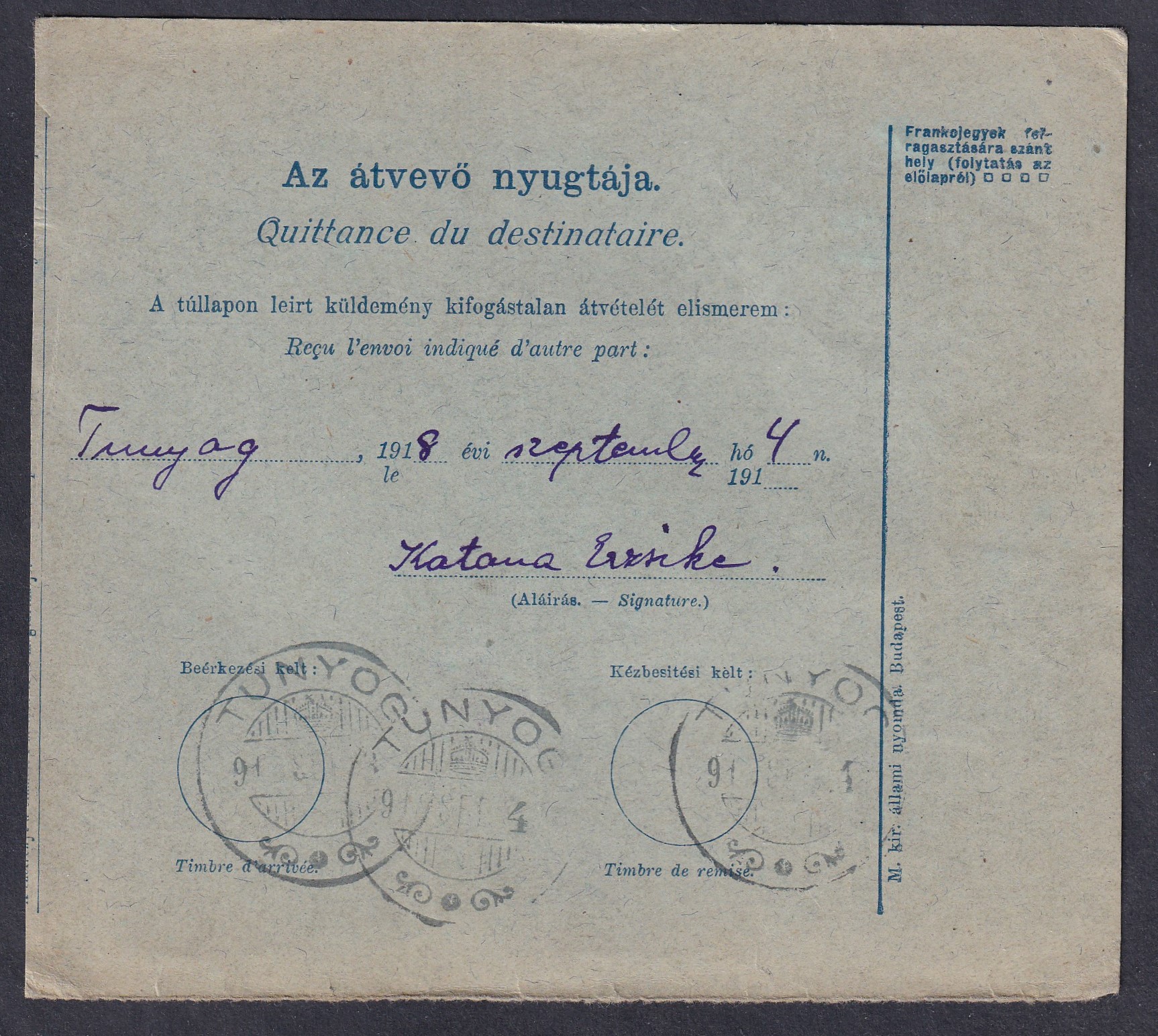 1918. DEBRECEN, Tunyogra feladott utánvételes szállítólevél