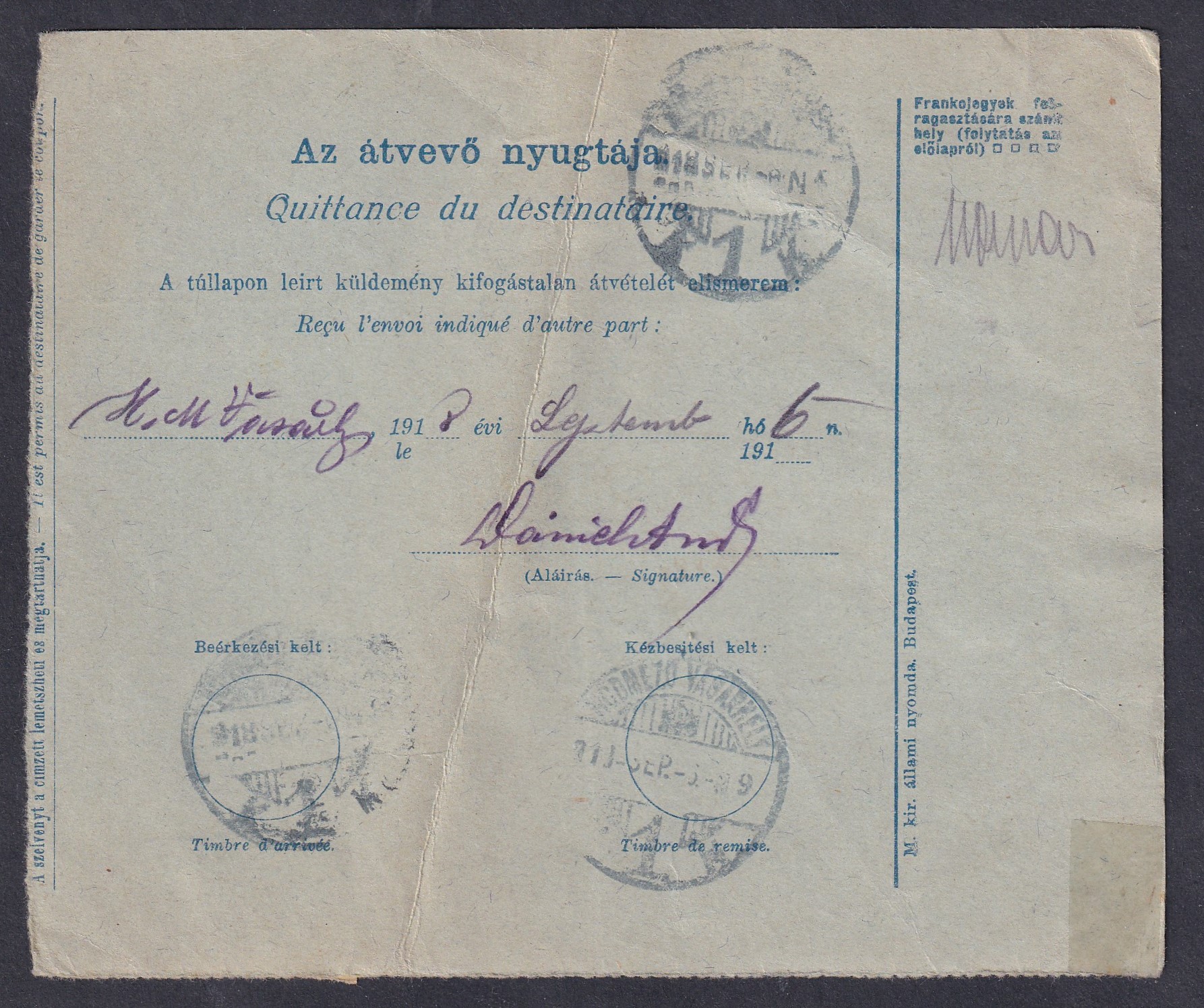 1918. NAGY-VÁRAD, Hódmezővásárhelyre feladott utánvételes szállítólevél