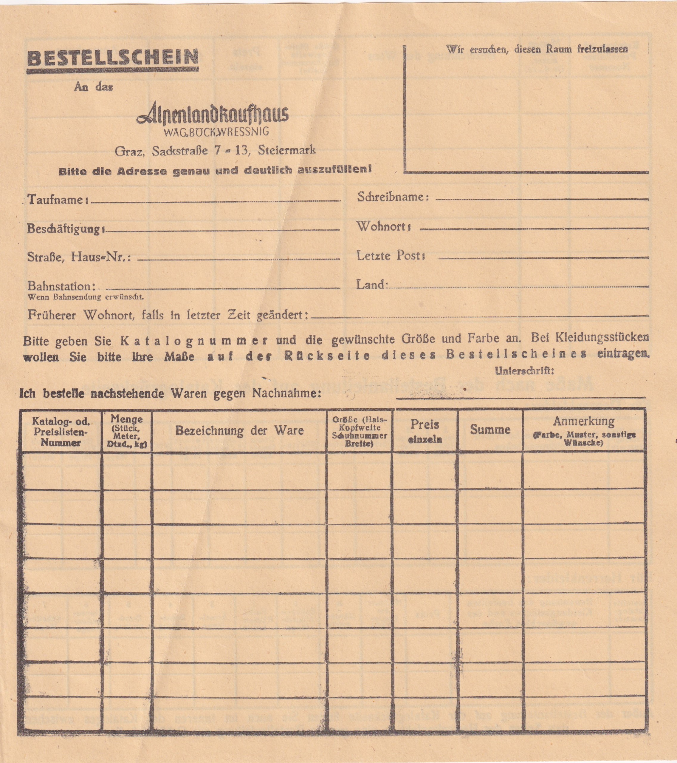 1940–1941. Graz, Alpenlandkaufhaus – képes őszi–téli áruházi katalógus  A Wäg–Böck–Wressnig áruház német nyelvű katalógusa, színes, „Lutz” jelzésű, katonát és csomagot feladó nőt ábrázoló borítóval. Korabeli ruházati kínálat, rajzos termékábrák, birodalmi márkában megadott árak és méretvételi útmutató