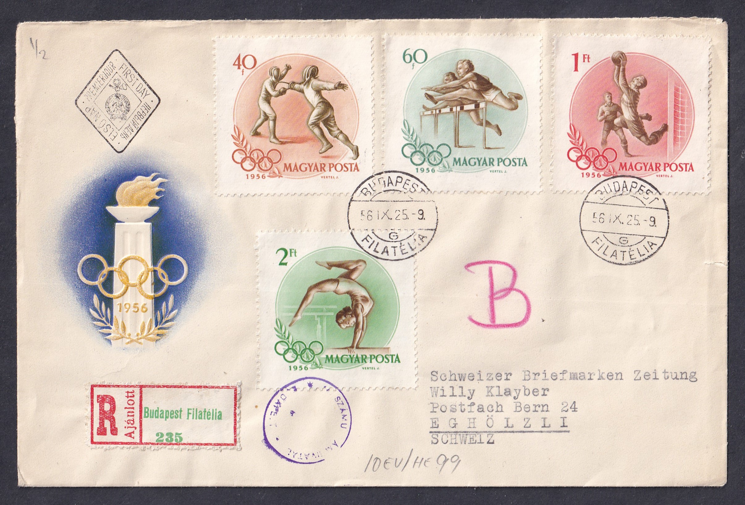 IMG_20260807_0011 1956. Olimpia FDC, Svájcba feladott ajánlott levélként felhasználva