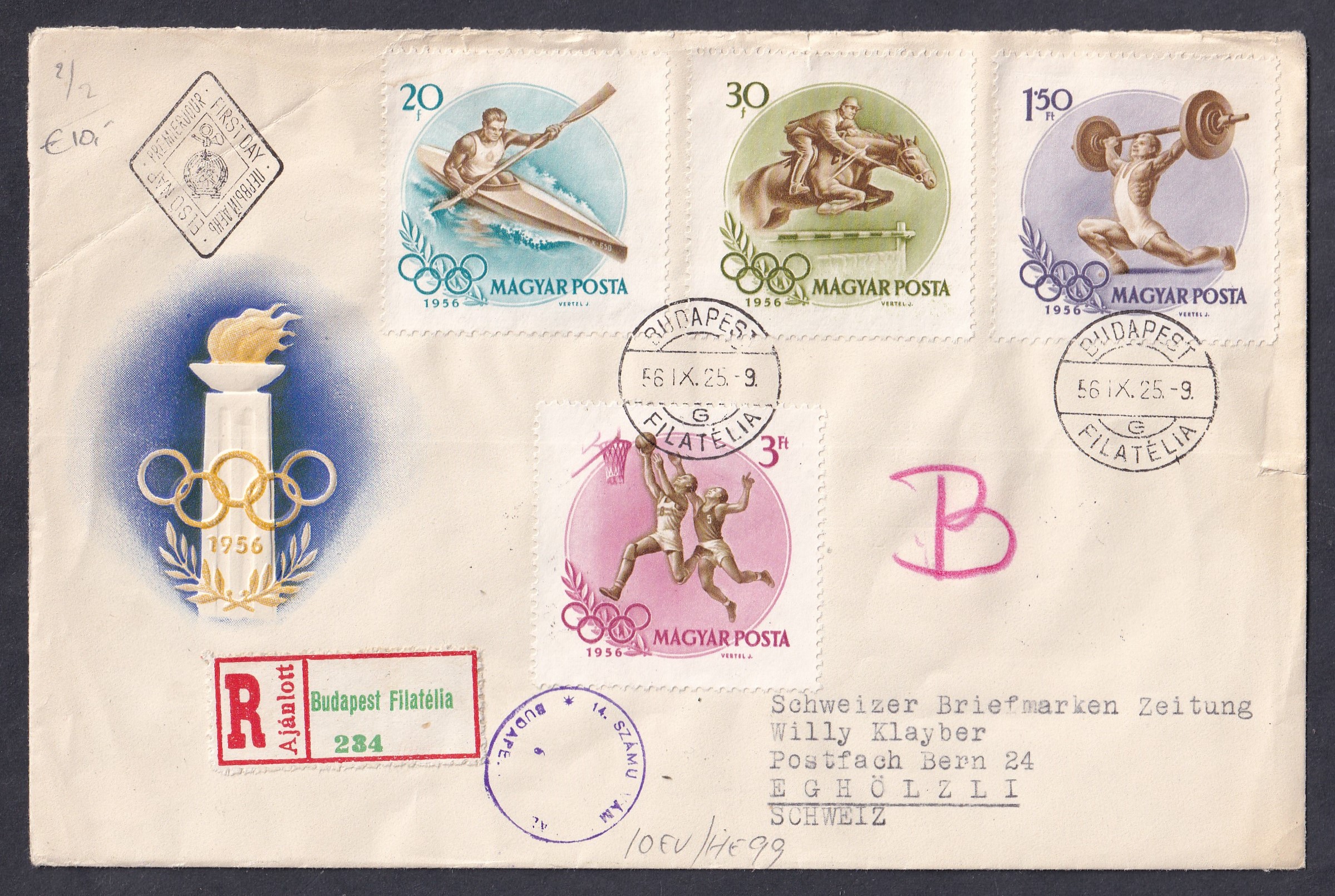 IMG_20260807_0013 1956. Olimpia FDC, Svájcba feladott ajánlott levélként felhasználva