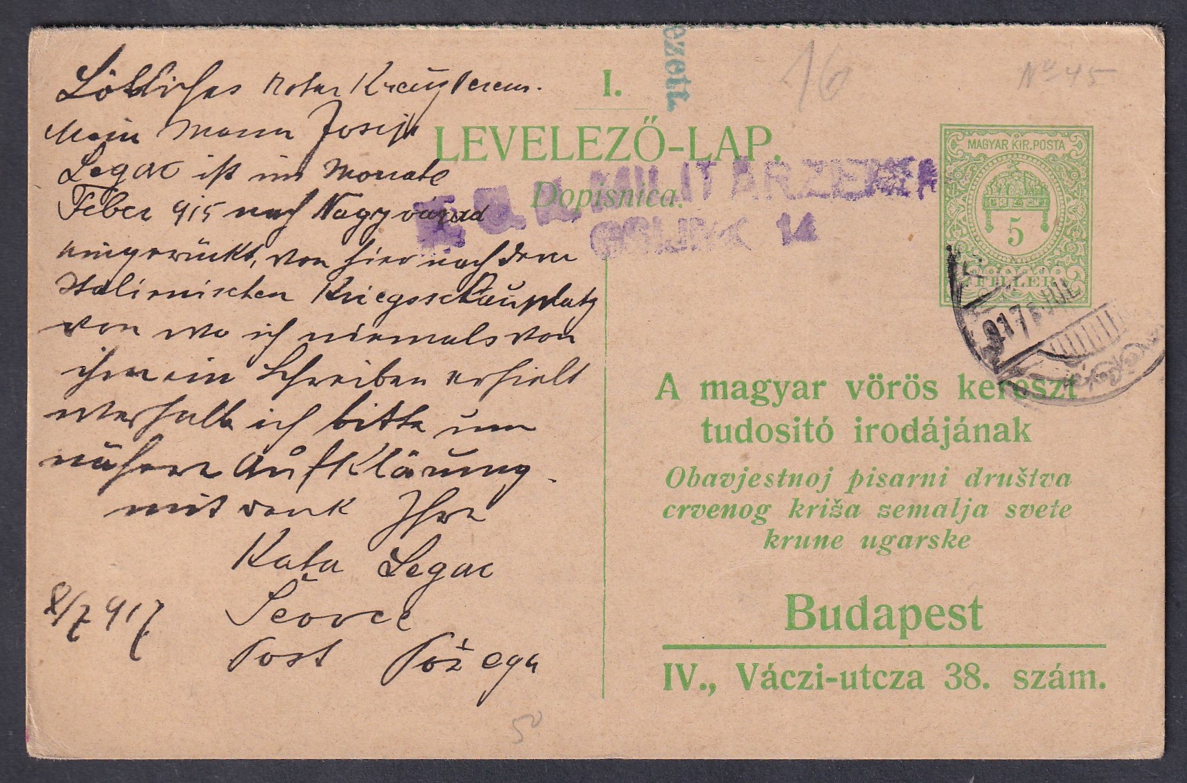 IMG_20260809_0007 1917. Budapest, (1914. Vöröskeresztes válaszos tudakozólap) magyar-horvát nyelvű tőlapja - nayon ritka!