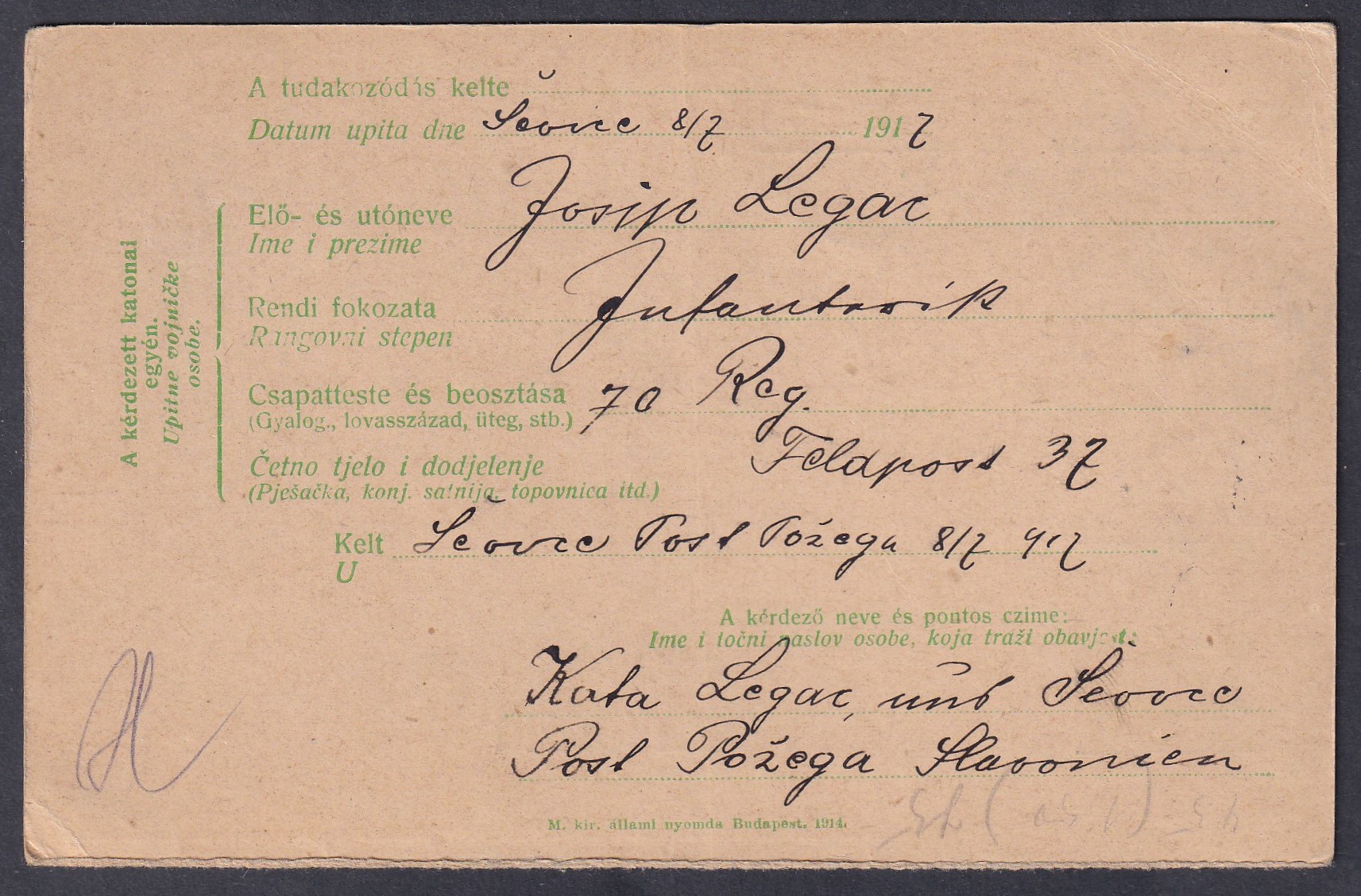 IMG_20260809_0008 1917. Budapest, (1914. Vöröskeresztes válaszos tudakozólap) magyar-horvát nyelvű tőlapja - nayon ritka!