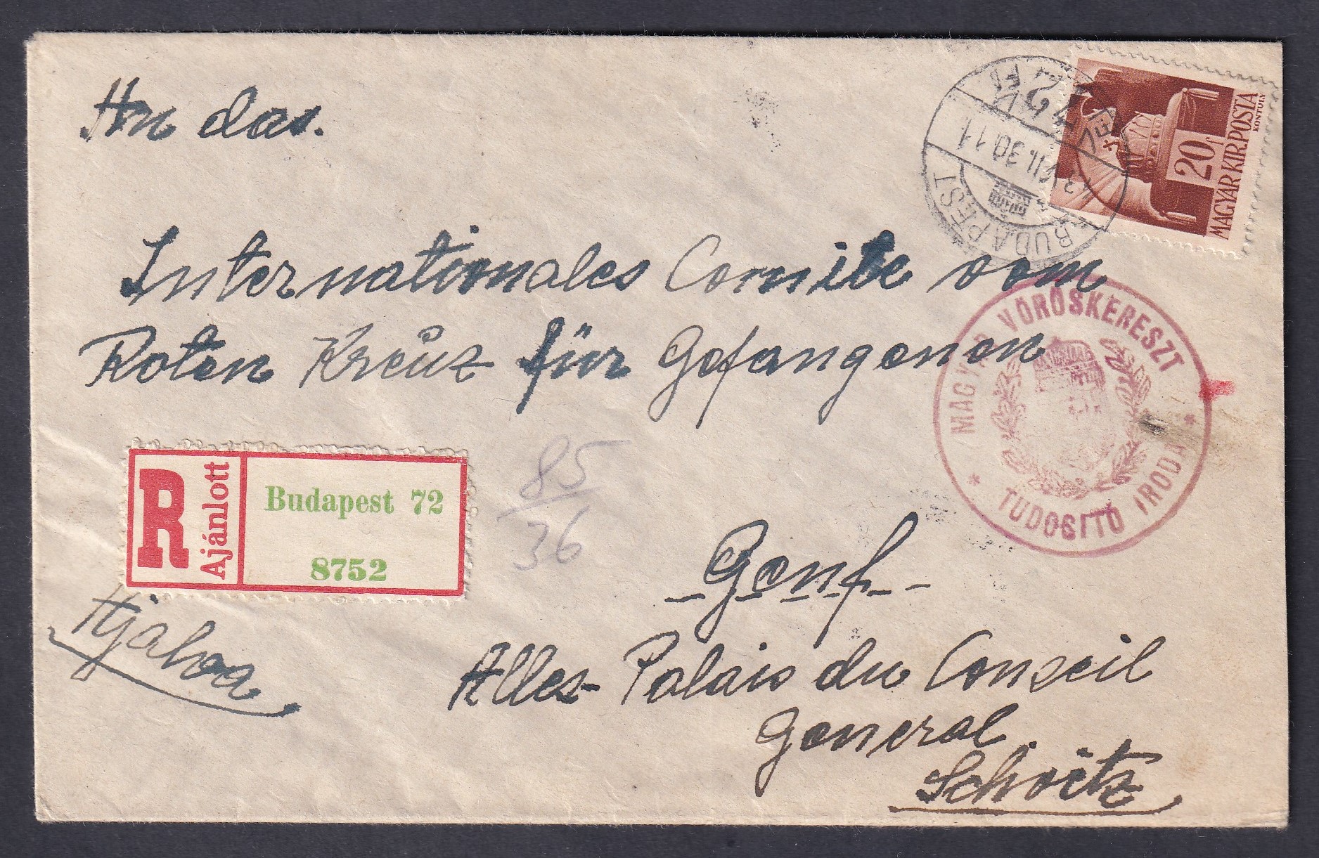1943. Budapest, Genfbe, a Vöröskereszt Hadifogoly Bizottságához feladott, cenzúrázott ajánlott levél