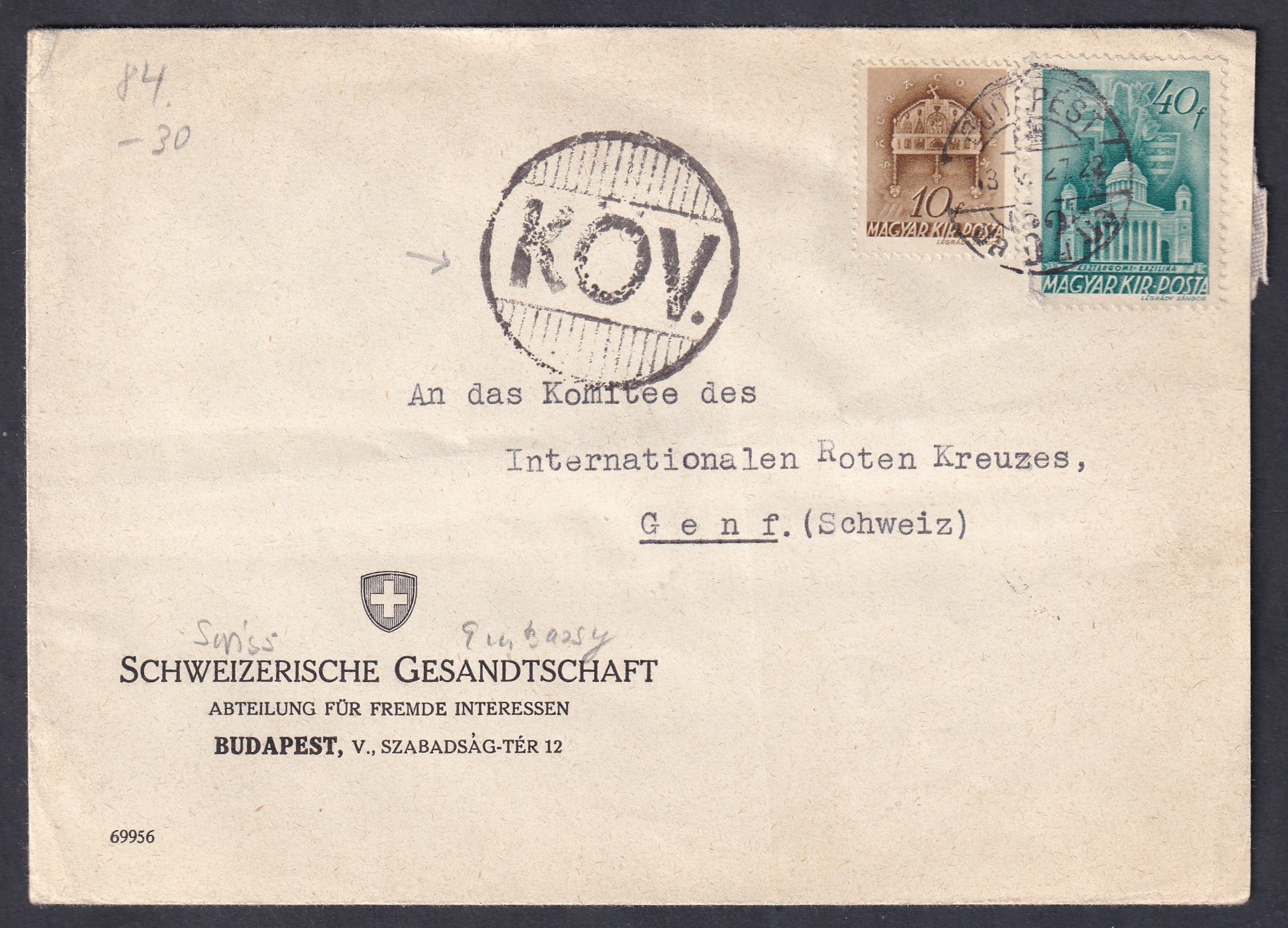 1943. Budapest, Genfbe, a Vöröskereszt Hadifogoly Bizottságához feladott ajánlott levél