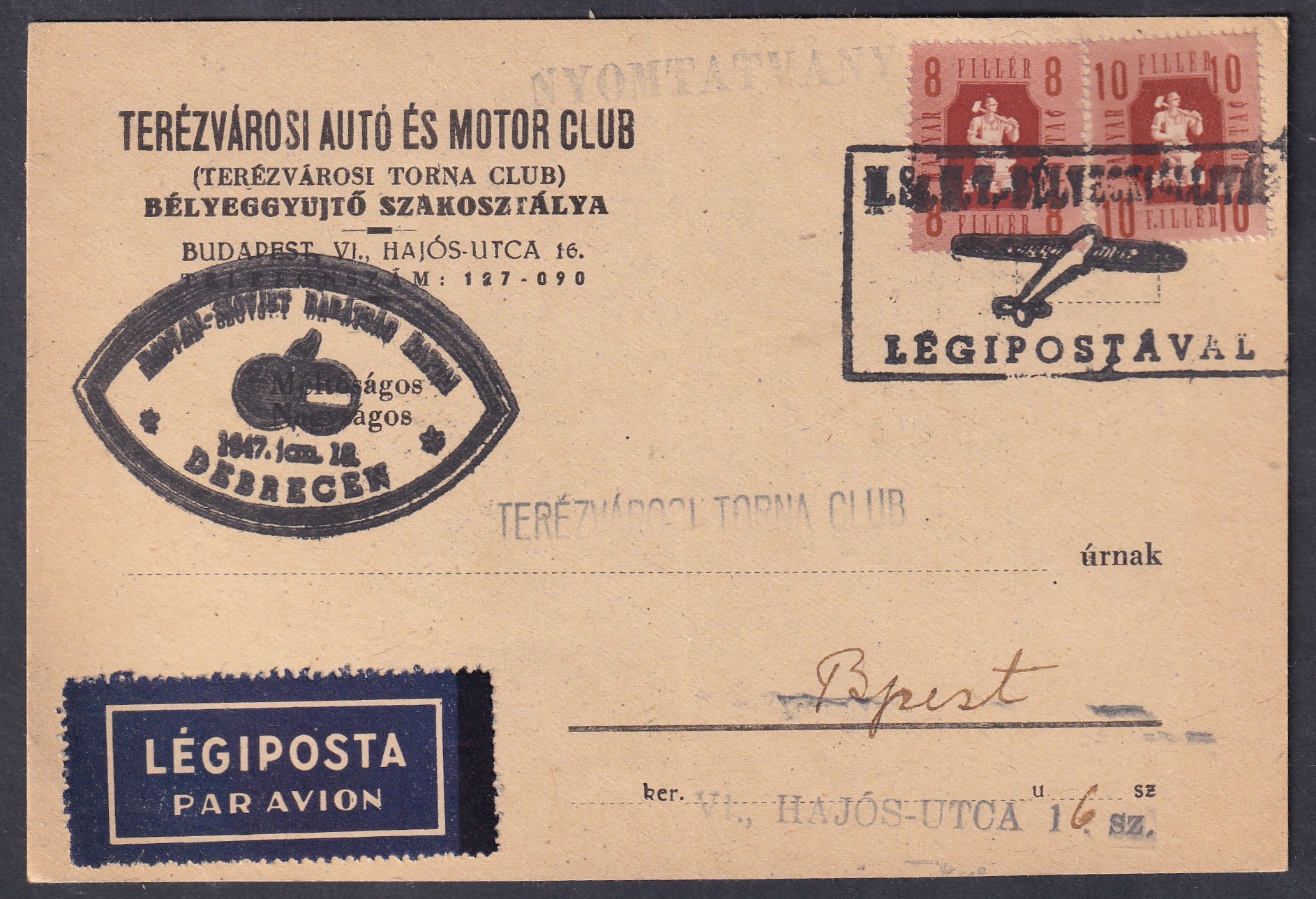 IMG_20260810_0006 1947. Debrecen–Budapest, a Magyar–Szovjet Baráti Hét alkalmi légiposta-levelezőlapja