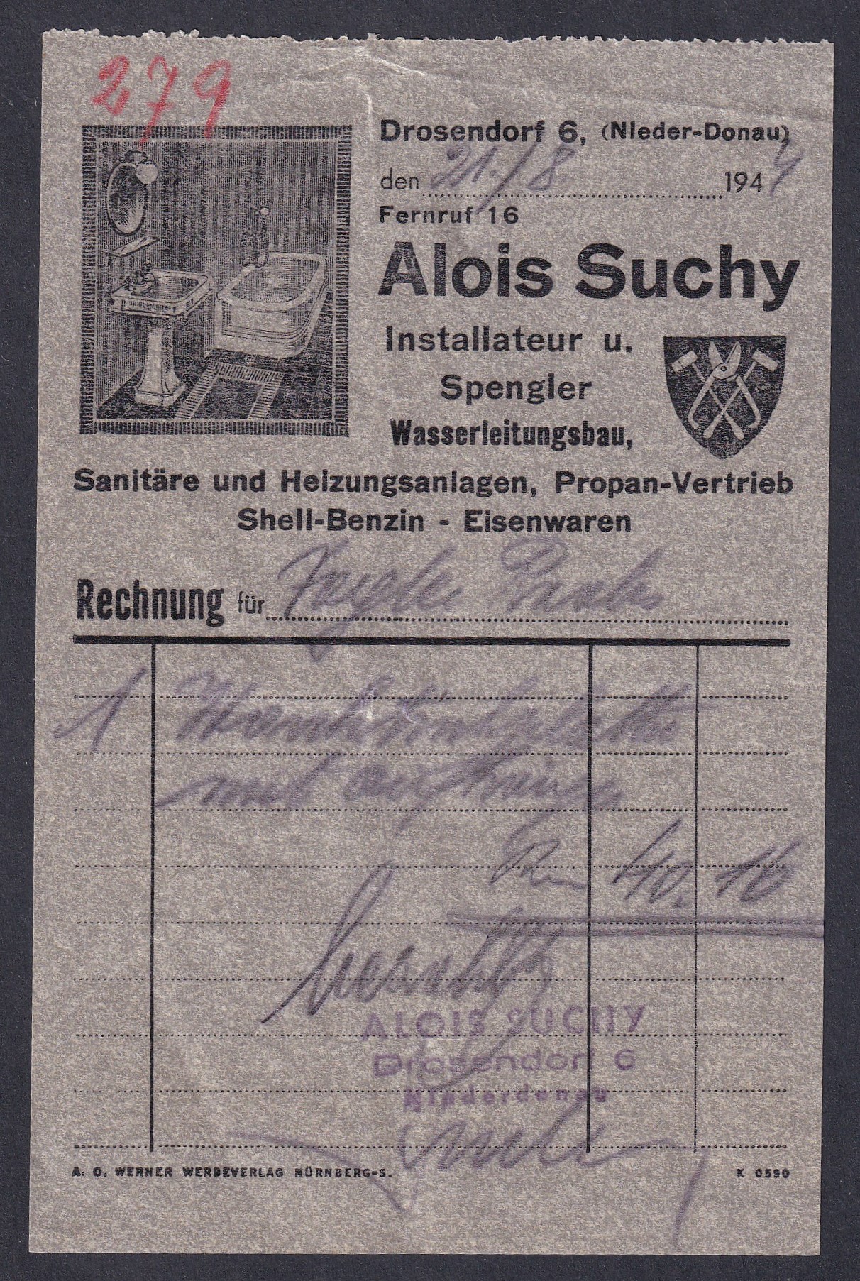 IMG_20260810_0061 1944. Alois Suchy prosensdorfi vízvezeték-, egészségügyi és fűtésszerelő, valamint bádogos korabeli, illusztrált számlája.