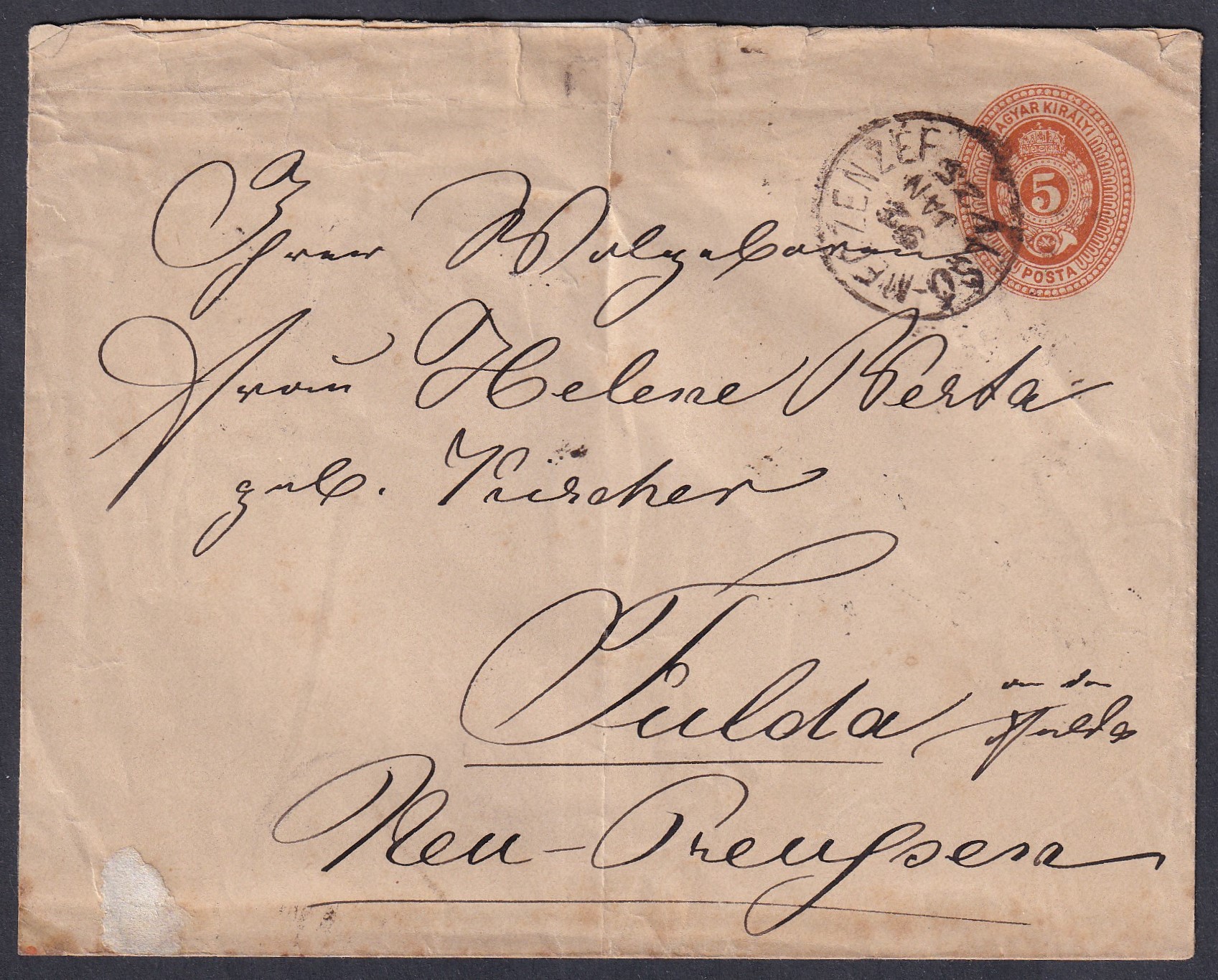 IMG_20260810_0064 1892. ALSÓ-MECZENZÉF, Fulda (Németország)-ba feladott 5kr díjjegyes boríték