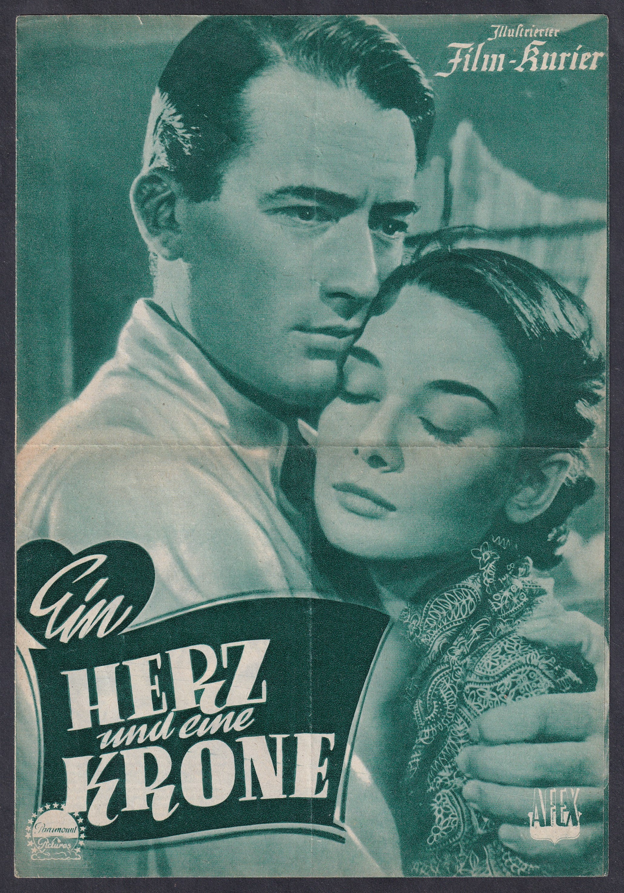 IMG_20260811_0032 1953. „Ein Herz und eine Krone” – Audrey Hepburn és Gregory Peck – osztrák Illustrierter Film-Kurier 1758 A Roman Holiday – magyar címén Római vakáció – című amerikai romantikus film osztrák, német nyelvű mozifilm-műsorfüzete.