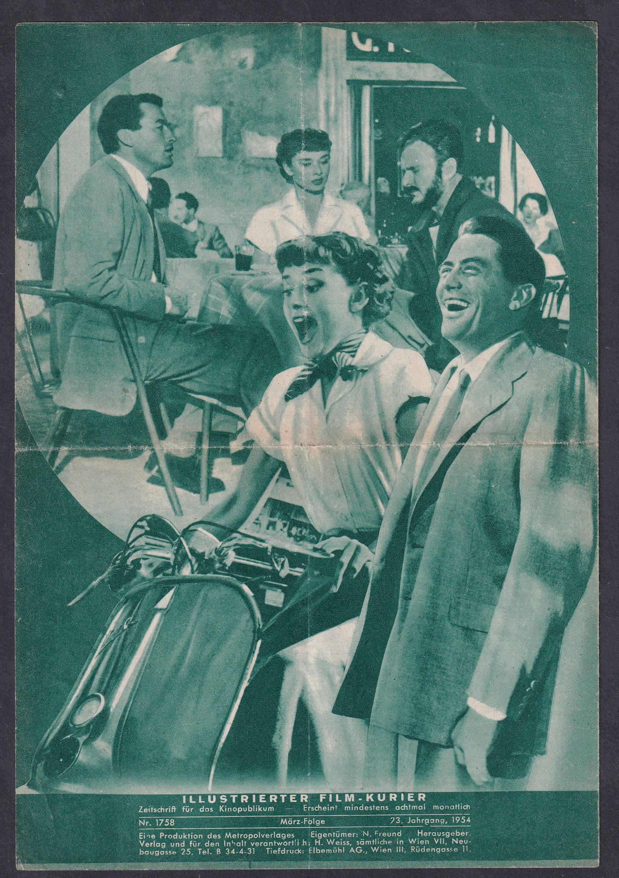 IMG_20260811_0033 1953. „Ein Herz und eine Krone” – Audrey Hepburn és Gregory Peck – osztrák Illustrierter Film-Kurier 1758 A Roman Holiday – magyar címén Római vakáció – című amerikai romantikus film osztrák, német nyelvű mozifilm-műsorfüzete.
