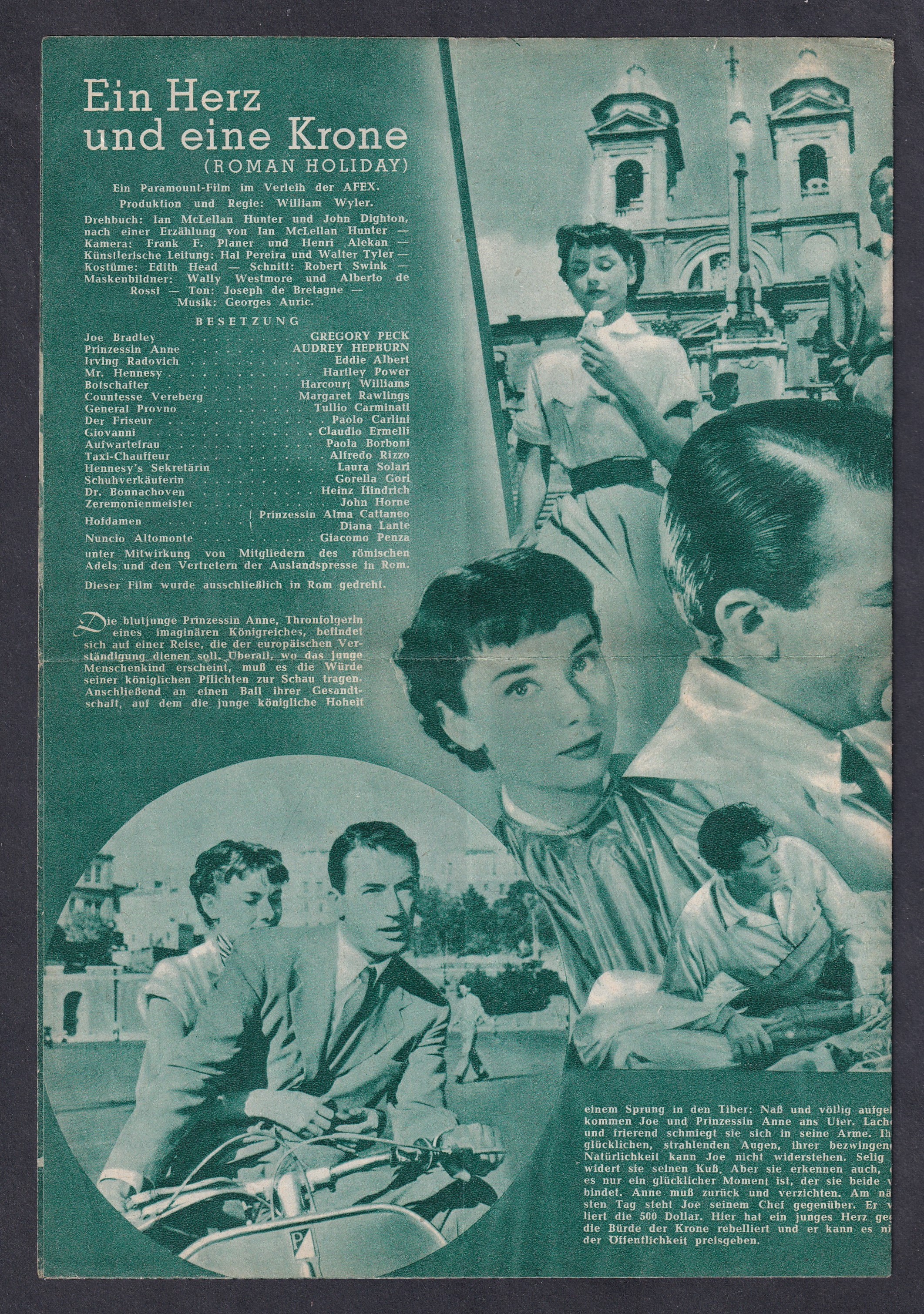 IMG_20260811_0034 1953. „Ein Herz und eine Krone” – Audrey Hepburn és Gregory Peck – osztrák Illustrierter Film-Kurier 1758 A Roman Holiday – magyar címén Római vakáció – című amerikai romantikus film osztrák, német nyelvű mozifilm-műsorfüzete.