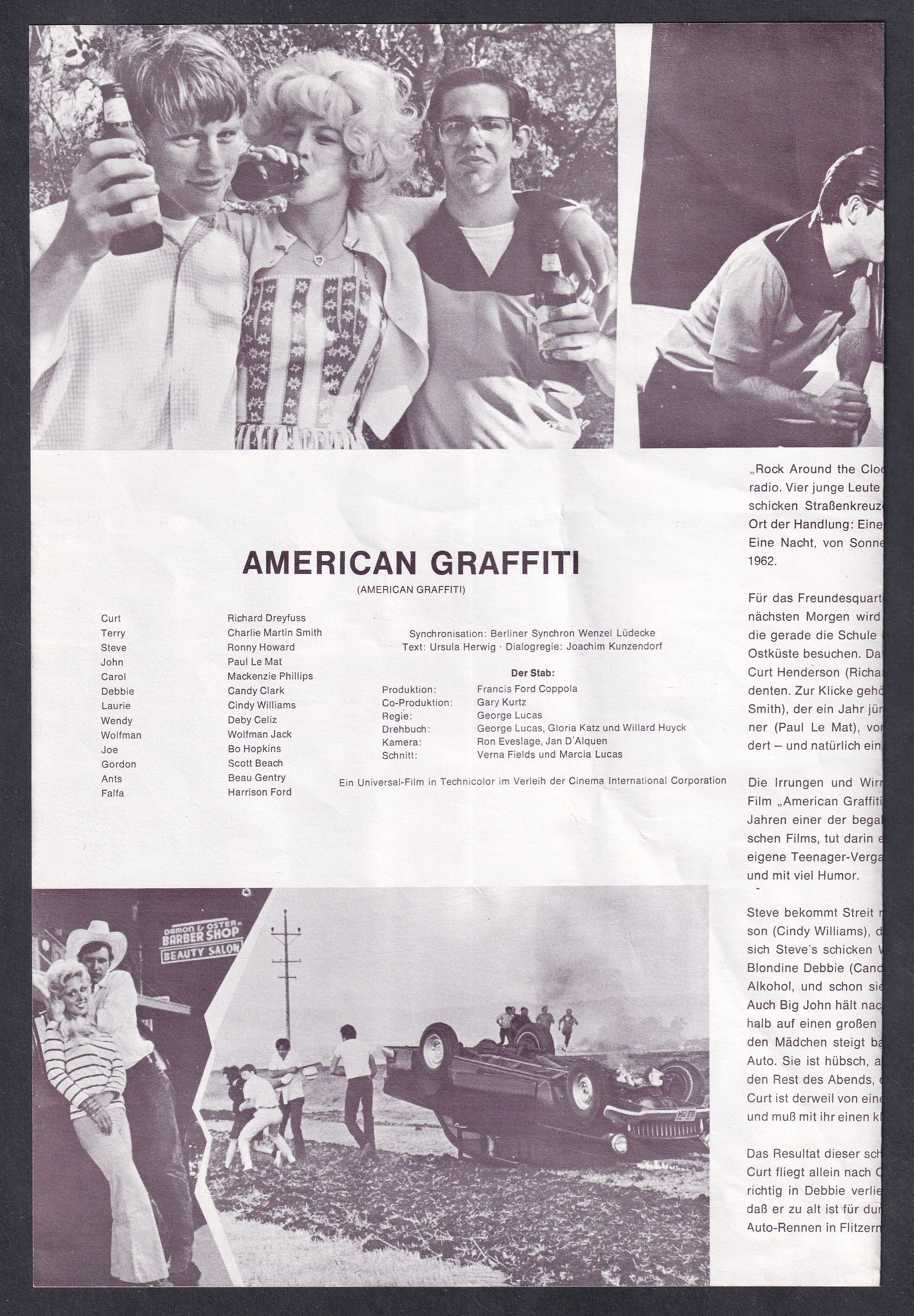 IMG_20260811_0061 1974 – American Graffiti – George Lucas – osztrák filmprogram, NFP 6640 Leírás Eredeti, Bécsben kiadott Neues Film-Programm Nr. 6640 az American Graffiti című kultuszfilmhez. A filmet George Lucas rendezte, producerei Francis Ford Coppola és Gary Kurtz voltak.