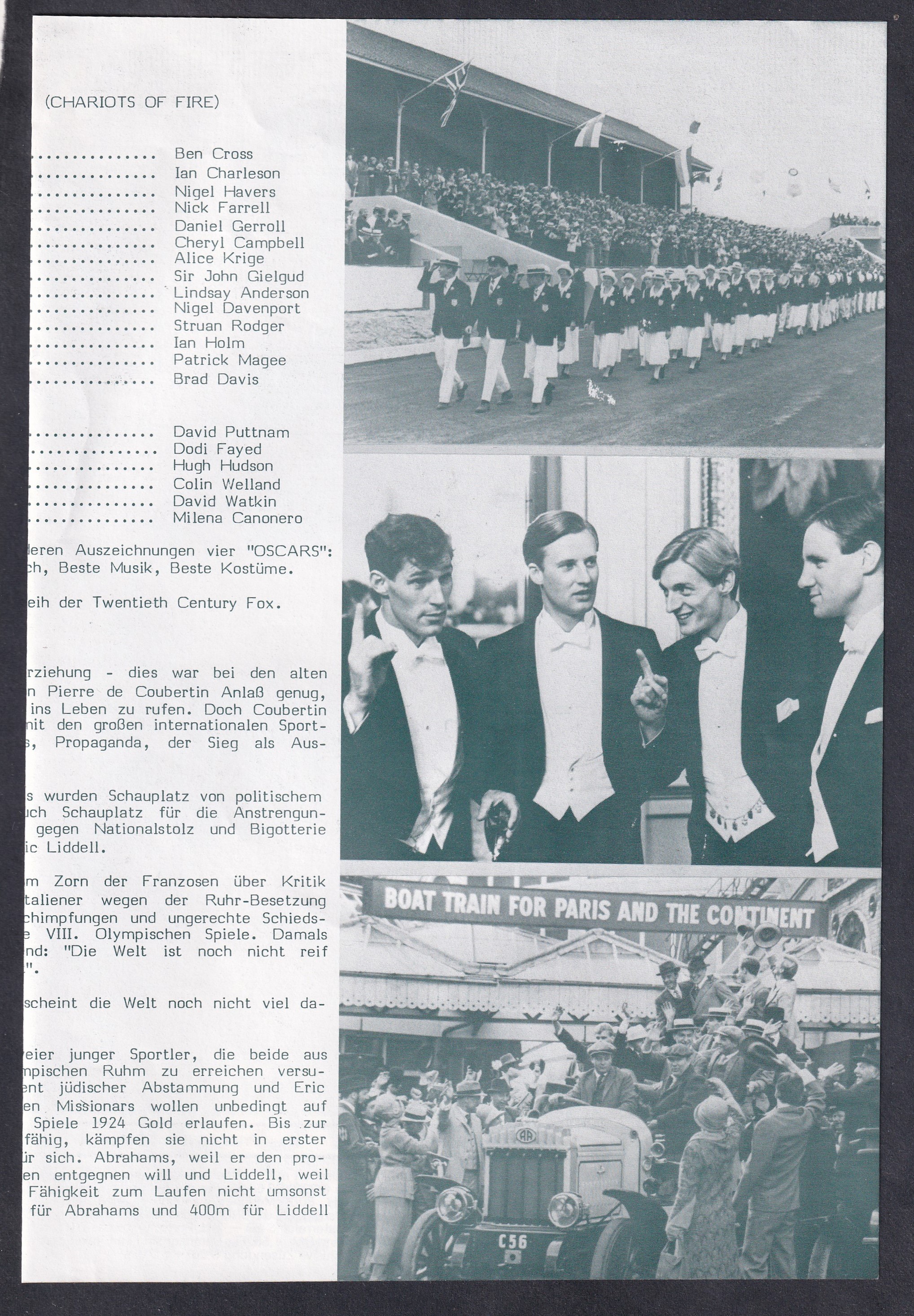 1981. „Die Stunde des Siegers” (Chariots of Fire) – A Hugh Hudson rendezésében készült, négyszeres Oscar-díjas brit sportdráma, négylapos német nyelvű mozifilmprogramja.