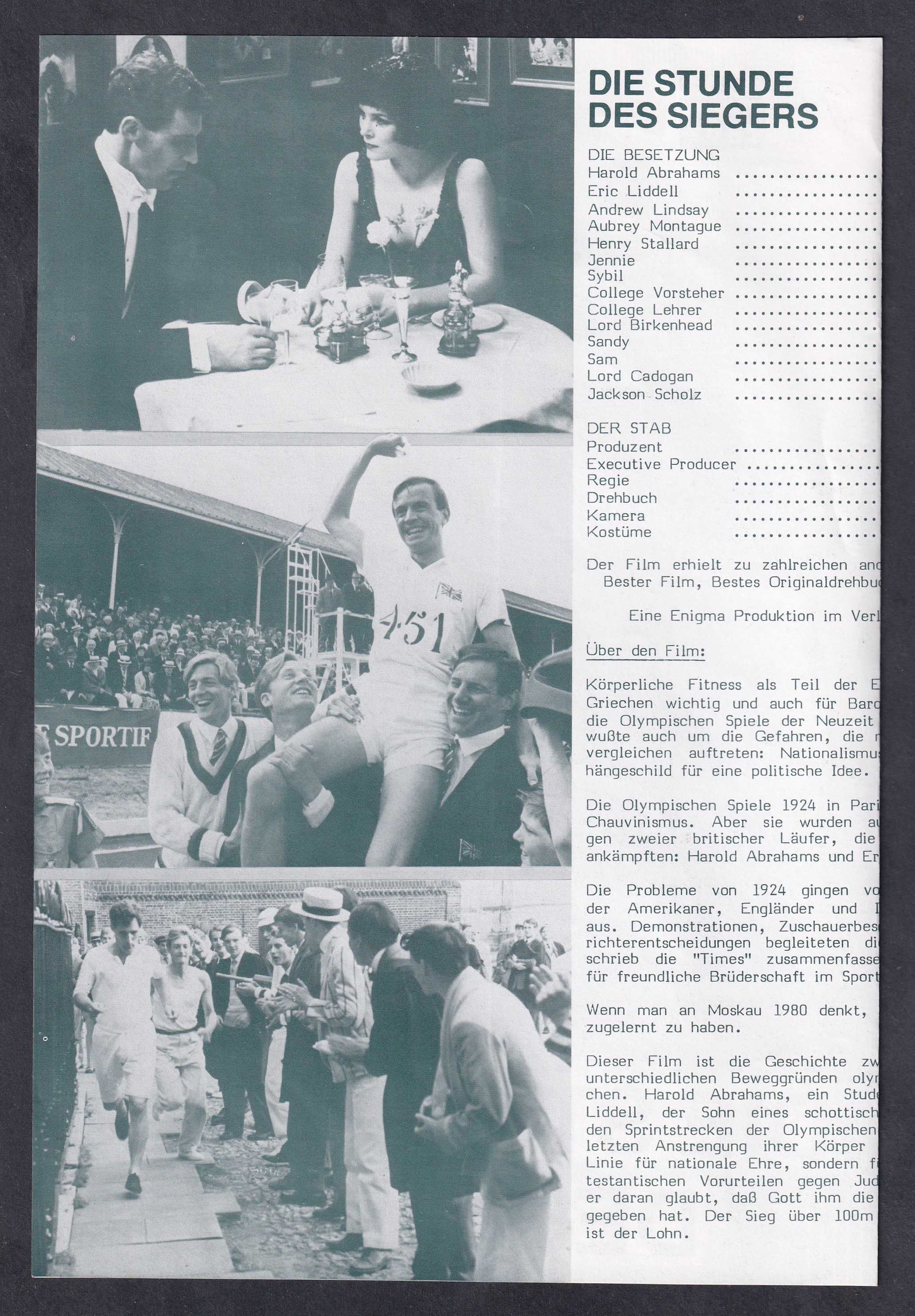 1981. „Die Stunde des Siegers” (Chariots of Fire) – A Hugh Hudson rendezésében készült, négyszeres Oscar-díjas brit sportdráma, négylapos német nyelvű mozifilmprogramja.
