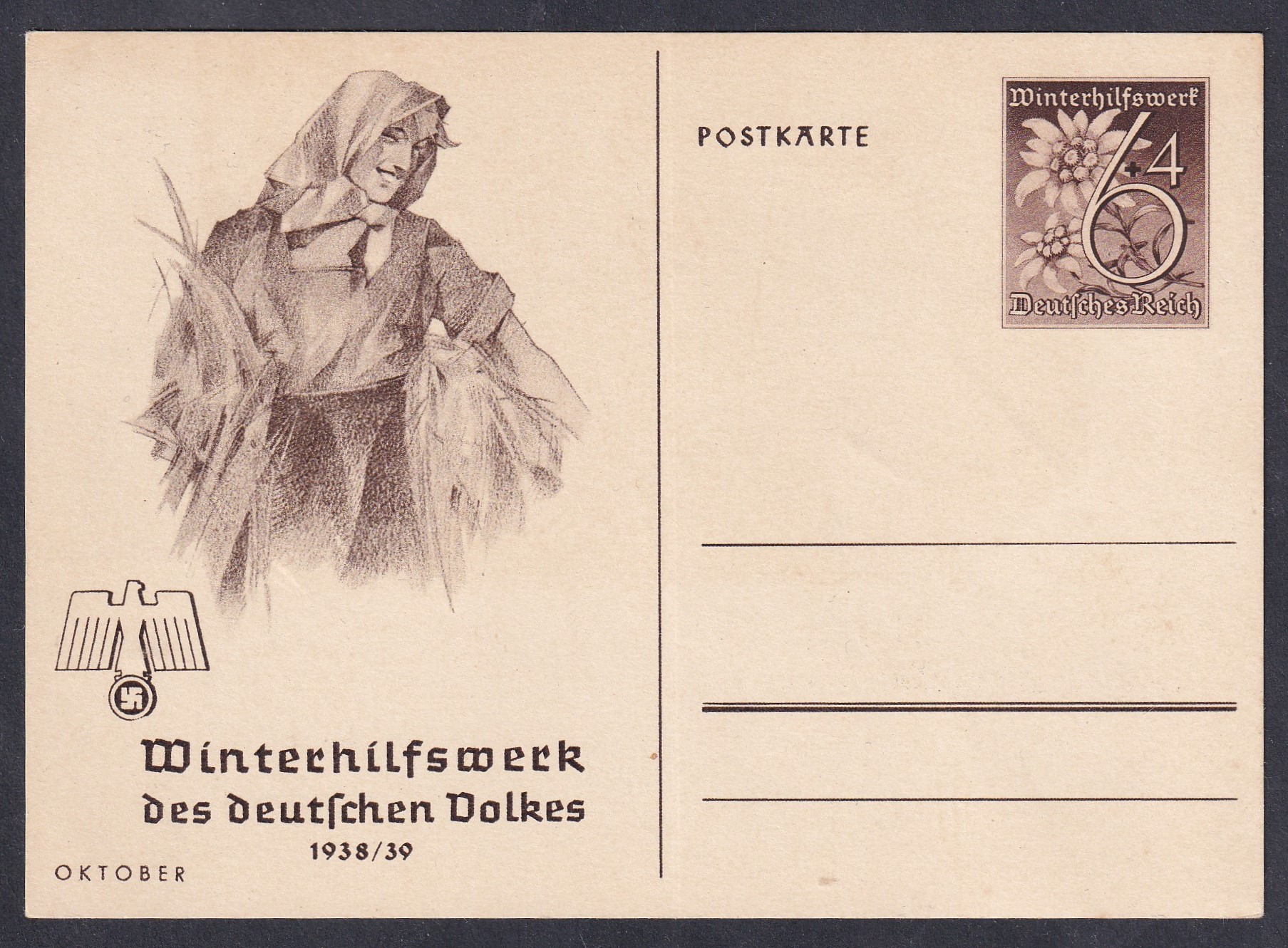 IMG_20260812_0011 1938. Német Birodalom – használatlan a Winterhilfswerk des Deutschen Volkes 1938/39 téli segélyakció javára kibocsátott, 6+4 pfenniges feláras díjjegyes propaganda-levelezőlap.