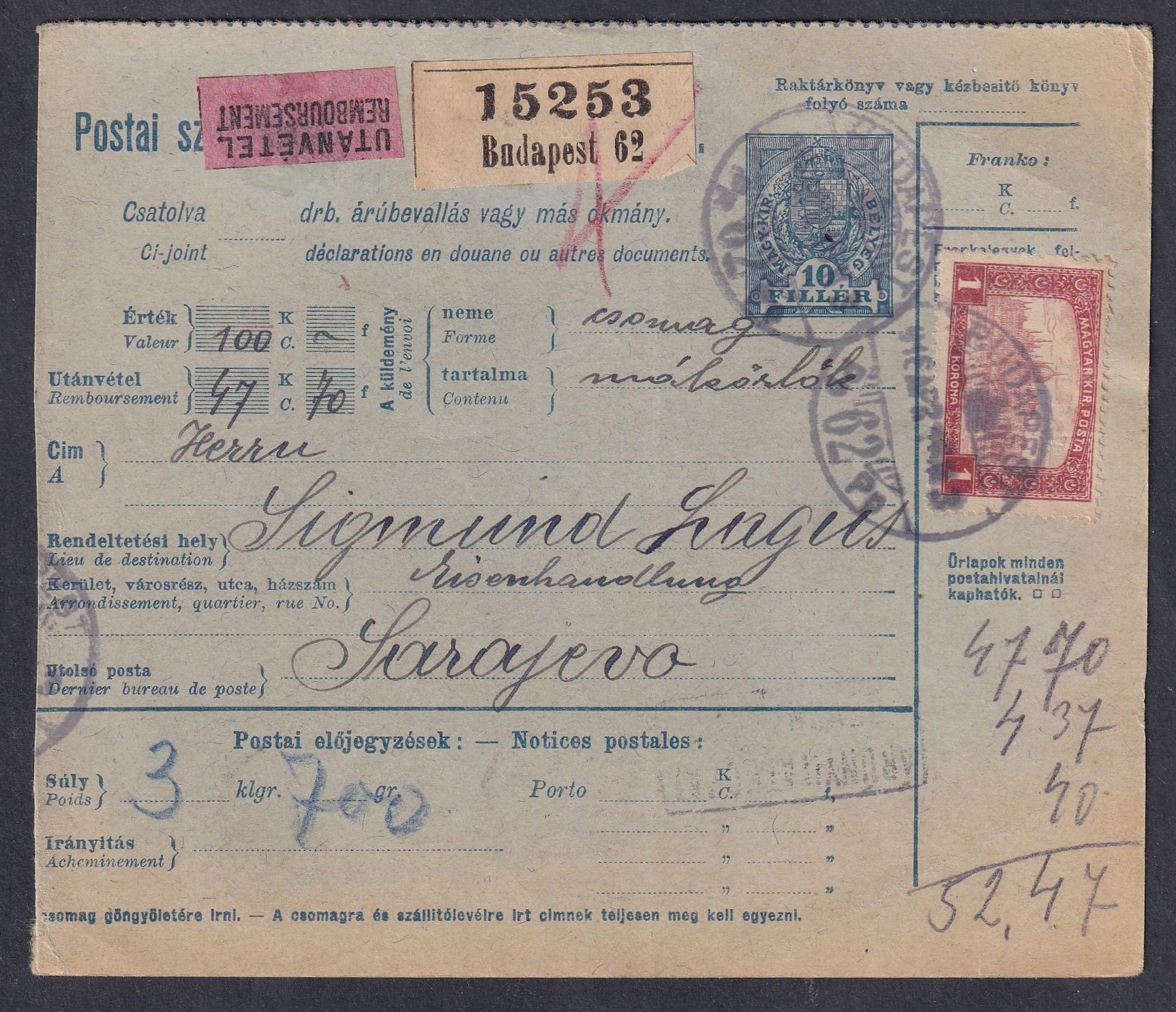 1918. április 26. Budapest, Sarajevo-ba utánvétel feladott szállítólevél - ekkor még Bosznia-Hercegovinához tartozott