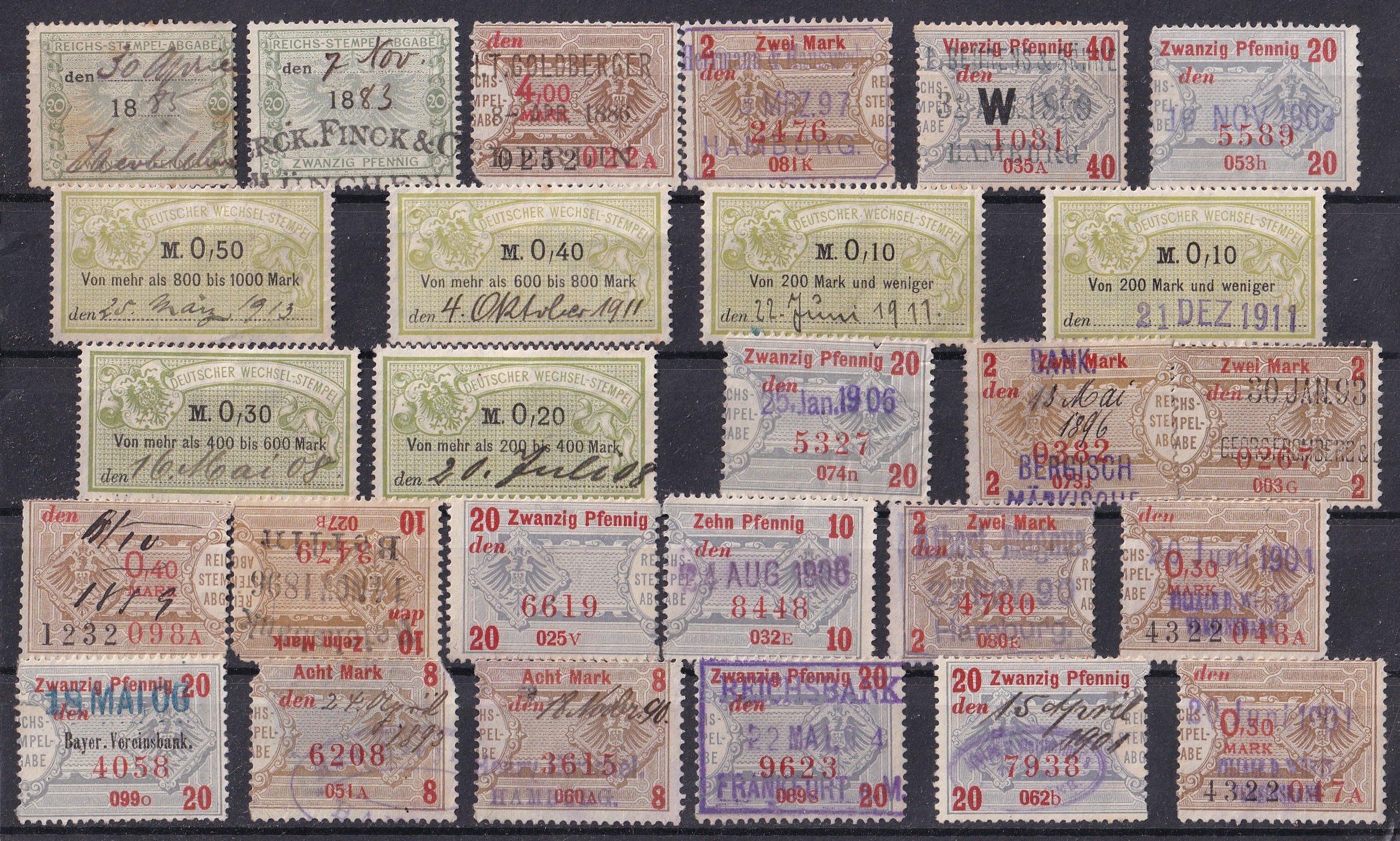 IMG_20260812_0032 Német Birodalom, 1883–1919. Reichs-Stempel-Abgabe és Deutscher Wechsel-Stempel illetékbélyegek összeállítása, 27 db