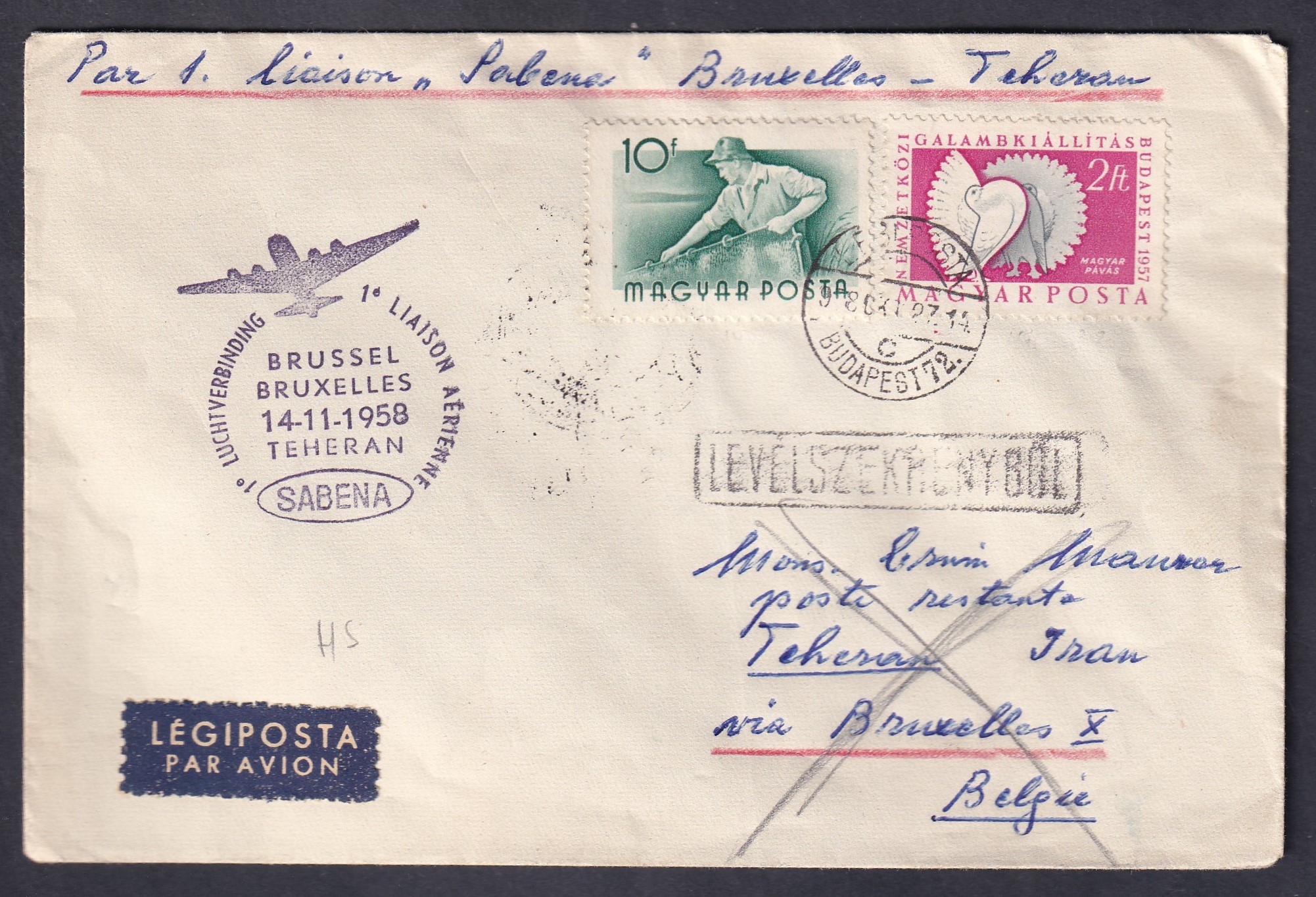 IMG_20260813_0010 1958. Budapest–Brüsszel–Teherán, a SABENA első Brüsszel–Teherán járatával továbbított, feladóhoz visszaküldött légiposta-levél, 2,10 Ft díjlerovással