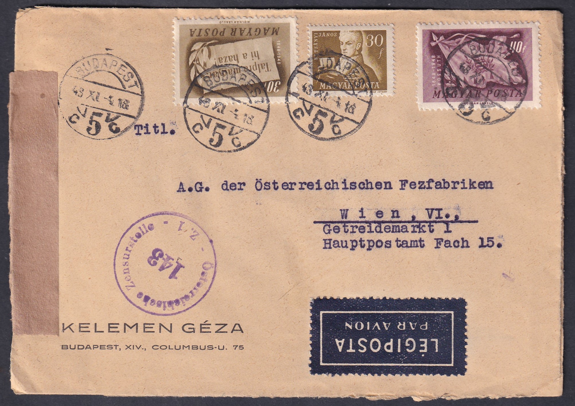 IMG_20260813_0012 1948. Budapest, Bécsbe feladott légiposta levél – osztrák szövetséges cenzúrával - A hátoldalon Flughafen Wien, 1948. december 6. és Wien 1, december 8. érkezési bélyegzés