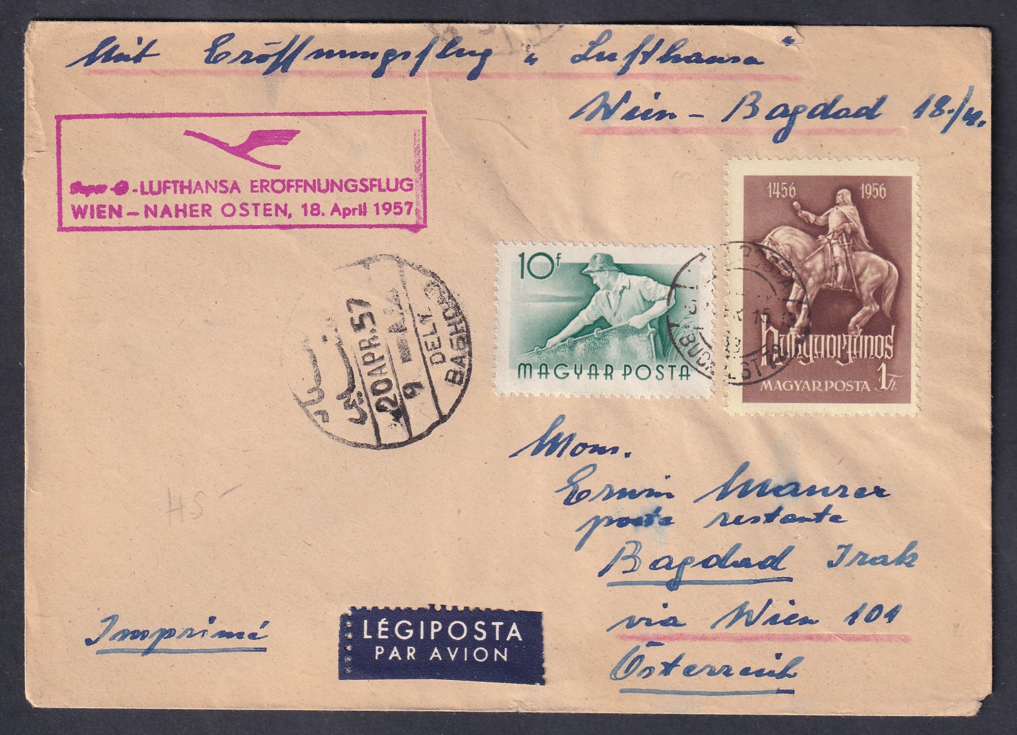 IMG_20260813_0016 1957. Budapest–Bécs–Bagdad, a Lufthansa Bécs–Közel-Kelet járatnyitó repülésével továbbított légiposta-levél