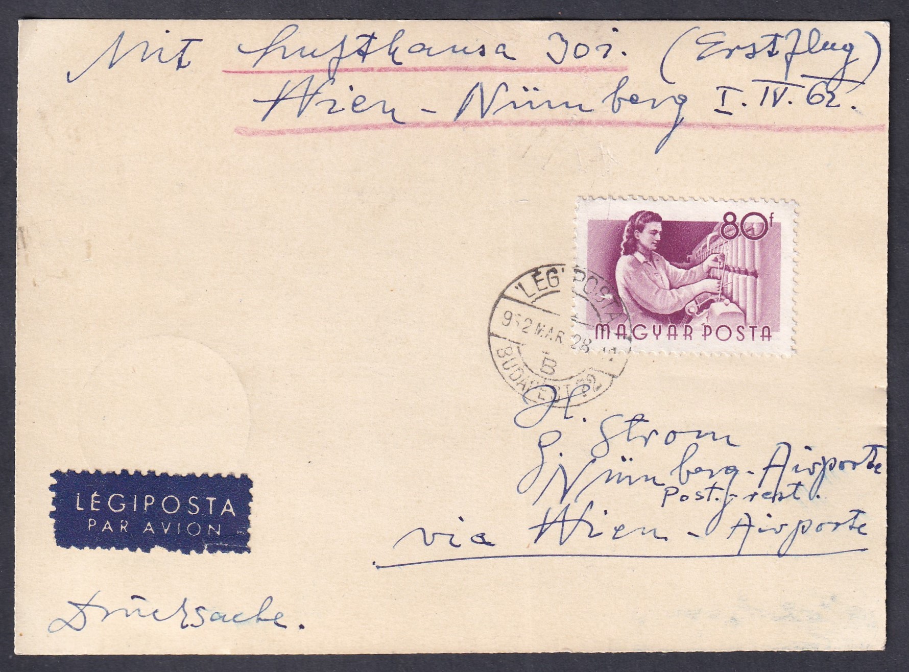 IMG_20260813_0018 1962. Budapest–Bécs–Nürnberg, a Lufthansa első Bécs–Nürnberg járatával továbbított légipostalevél, hátoldali Nürnberg repülőtéri érkezési bélyegzéssel.