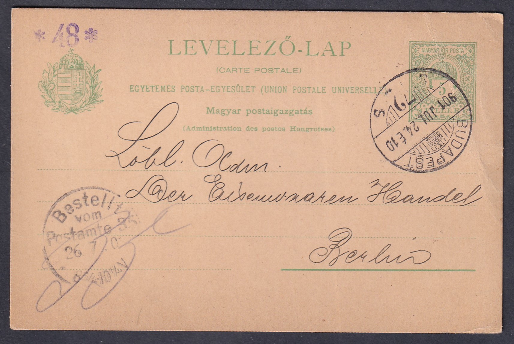 1900. Budapest, Berlinbe feladott UPU-levelezőlap – I. típus, a korona keresztje alatt nincs gömbdísz