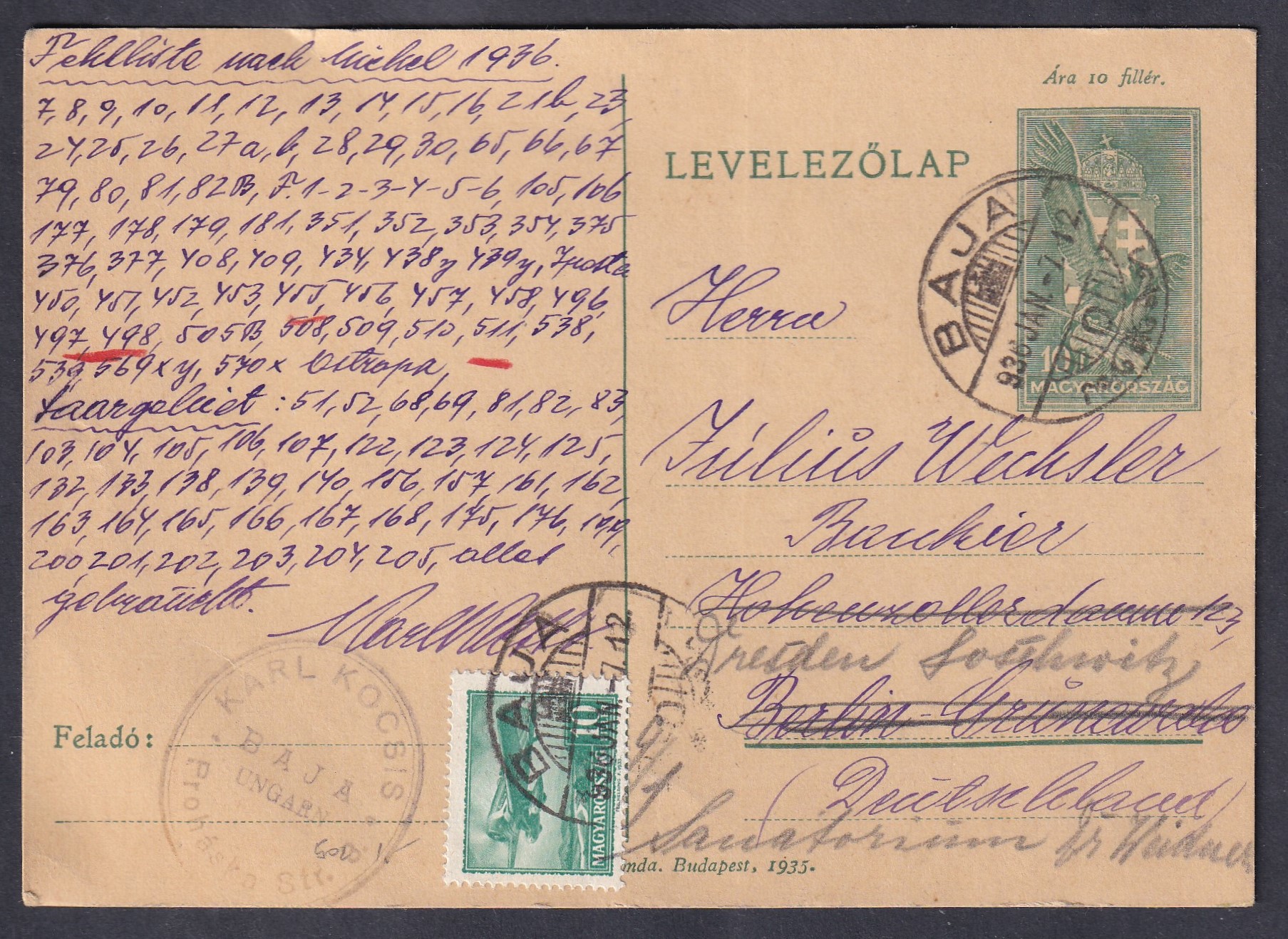 1936. Baja, Németországba feladott, a Repülő sor 10 filléres bélyegével díjkiegészített levelezőlap, Berlin-Charlottenburgba továbbküldve.
