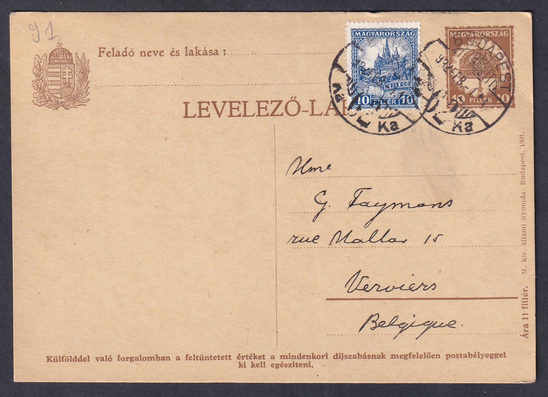 1932. Budapest, Belgiumba feladott díjkiegészített levelezőlap