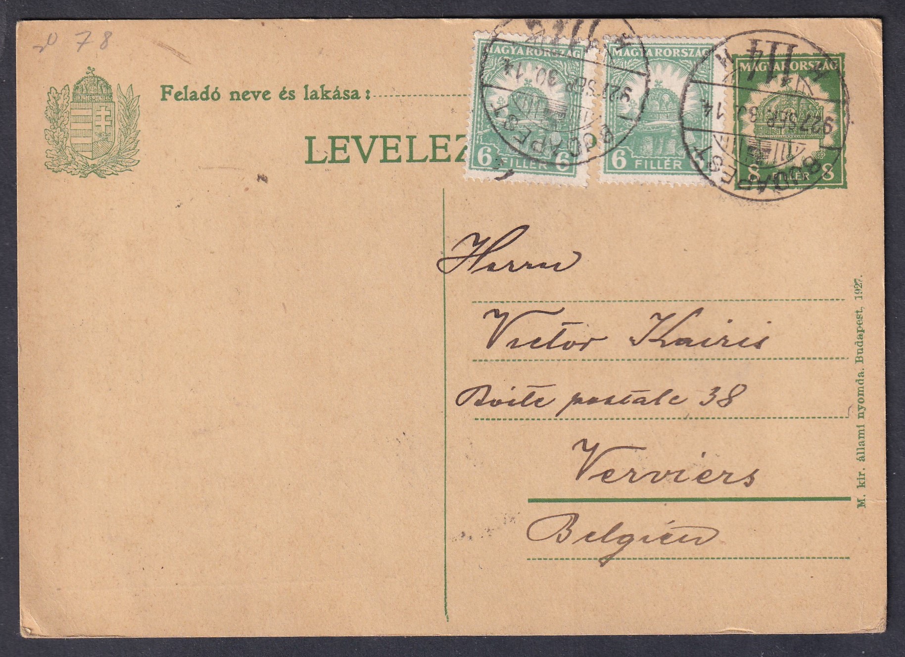 1927. Budapest, Belgiumba feladott levelezőlap többes díjkiegészítéssel