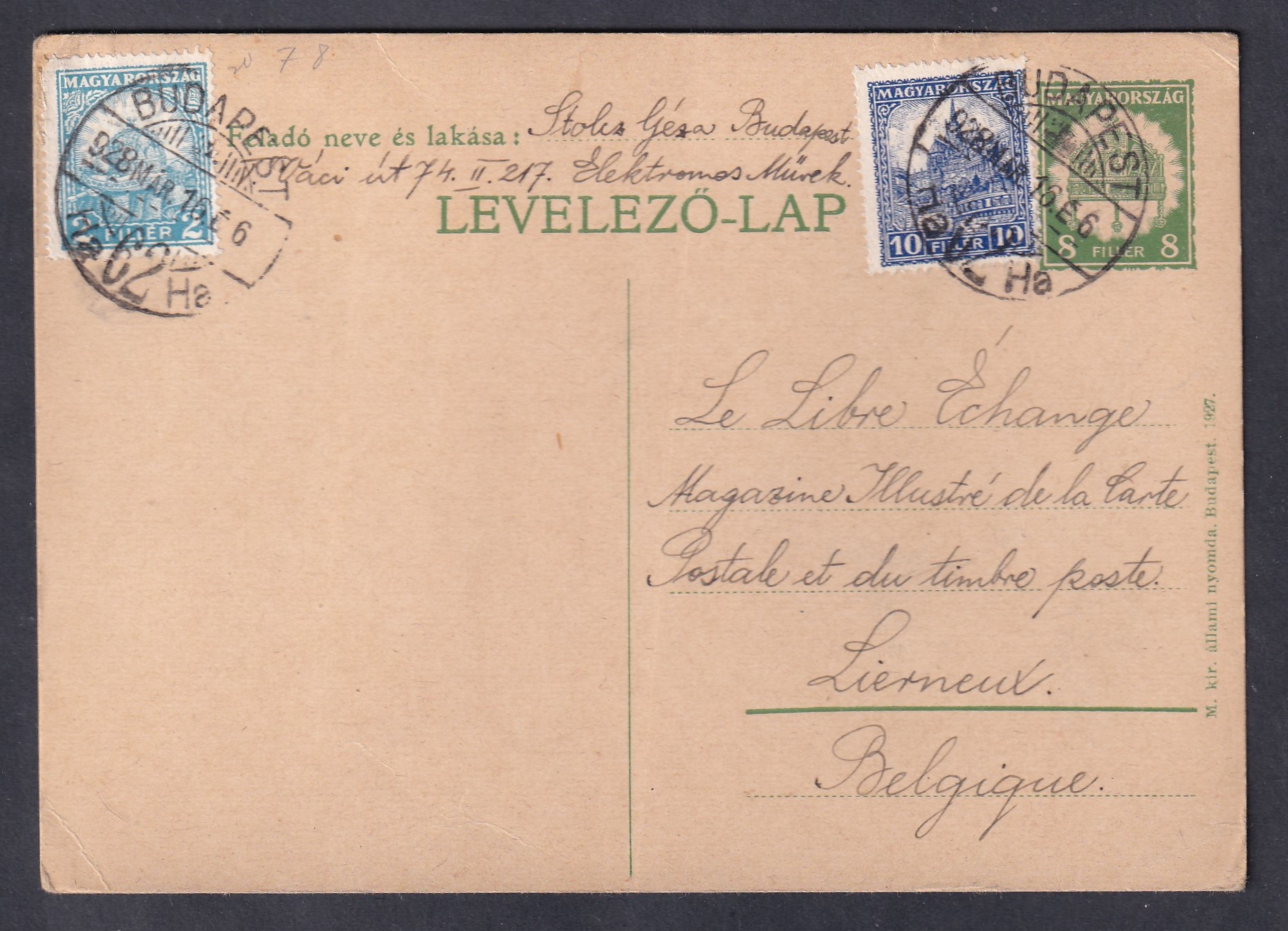 1928. Budapest, Belgiumba feladott levelezőlap többes-színes díjkiegészítéssel