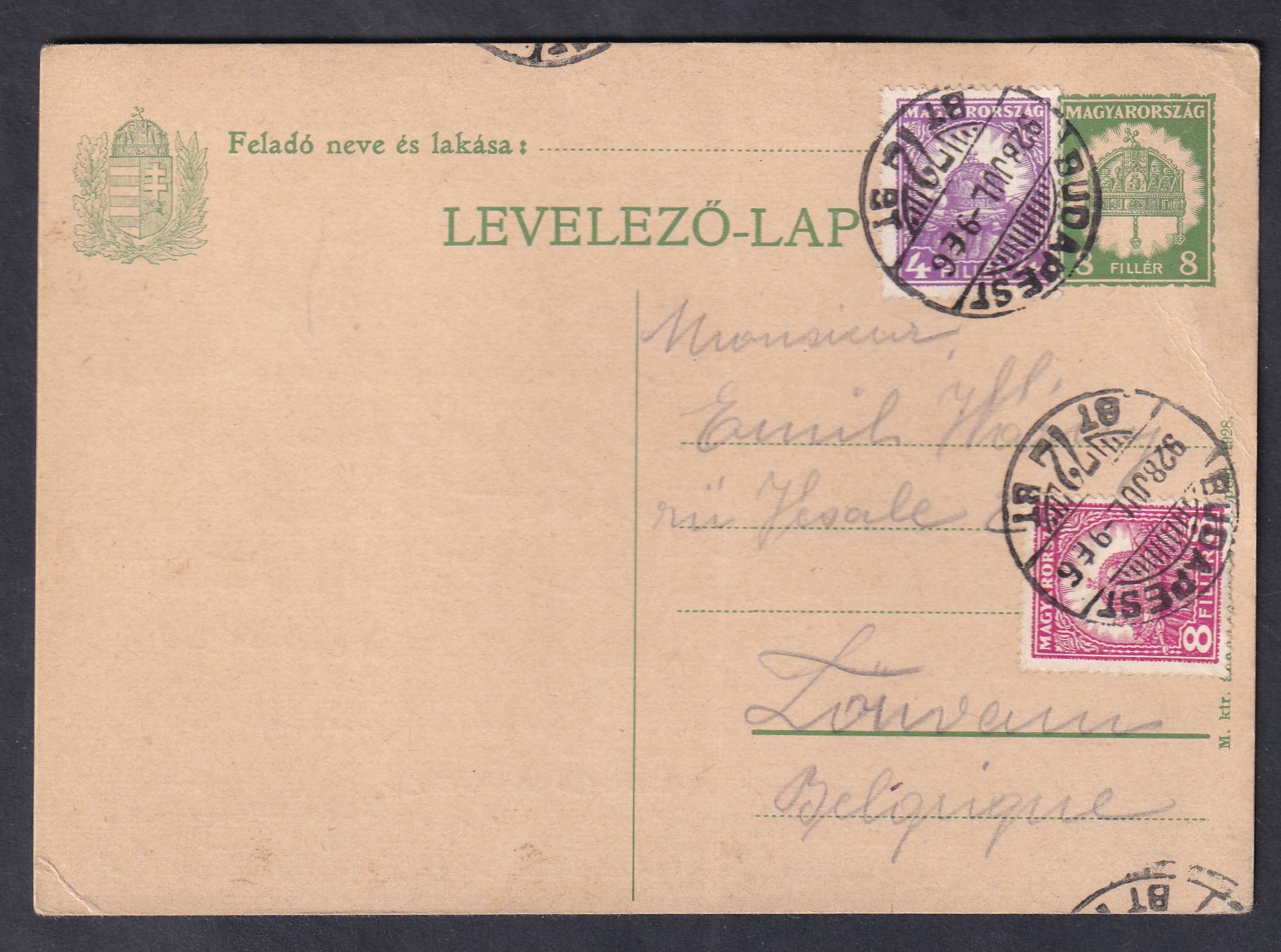 1928. Budapest, Belgiumba feladott levelezőlap színes díjkiegészítéssel
