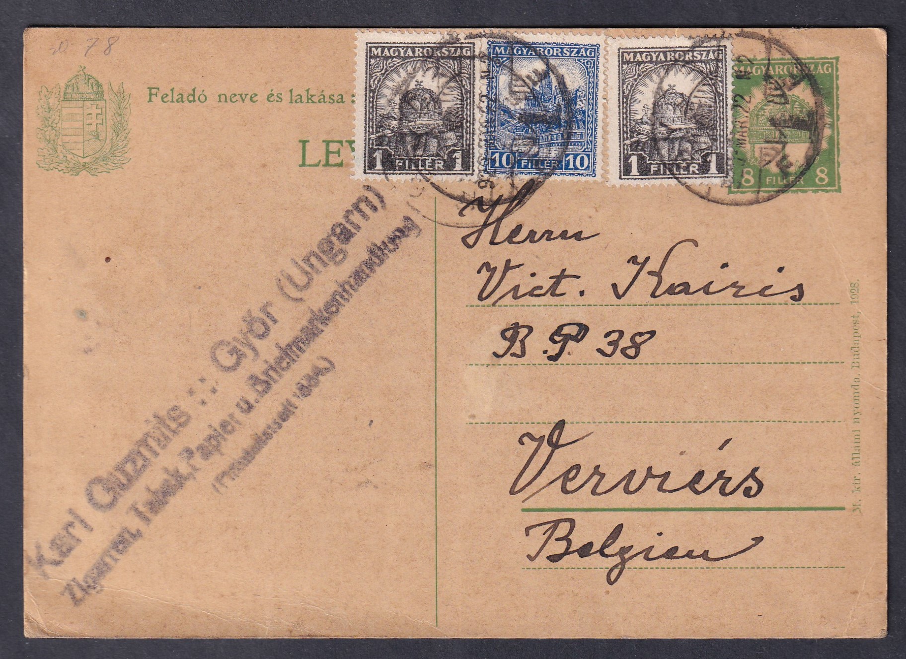 1929. Budapest, Belgiumba feladott levelezőlap többes-színes díjkiegészítéssel - ritka kombináció!