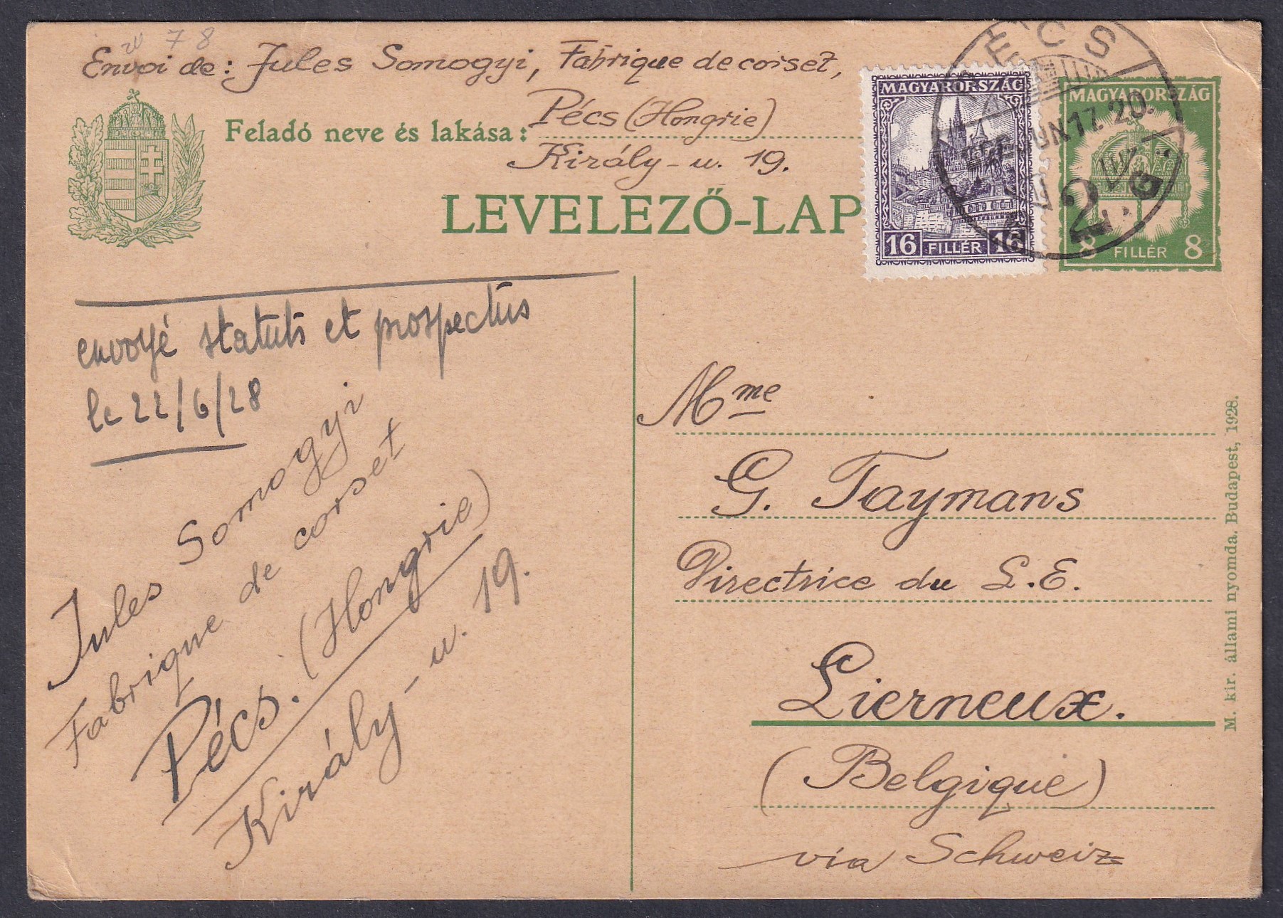 1928. Budapest–Belgium levelezőlap, levéltarifa szerint túlbérmentesítve, díjkiegészítő bélyeggel. Különleges és ritka postatörténeti darab!