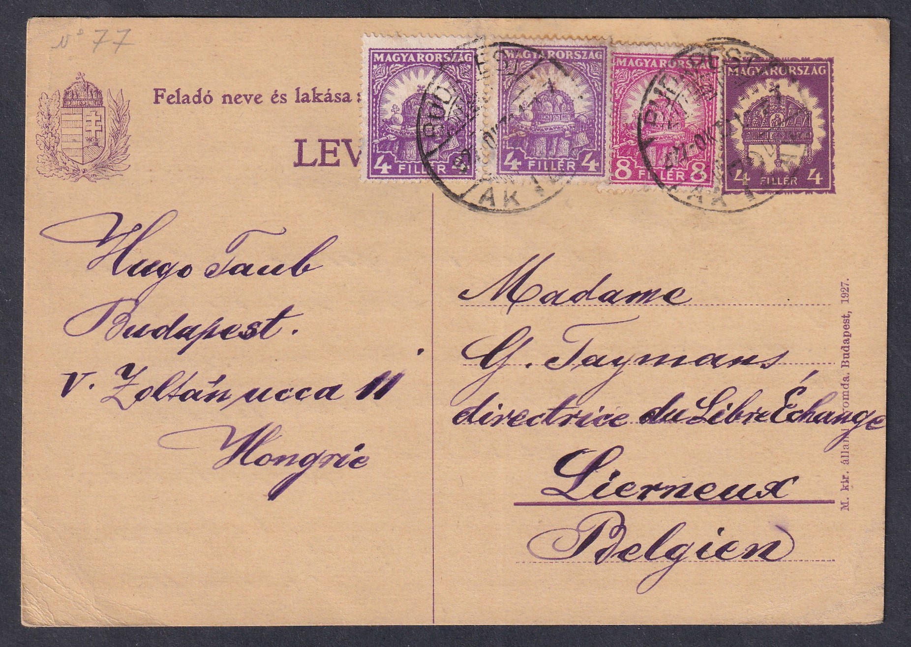 1927. Budapest, Belgiumba feladott levelezőlap többes-színes díjkiegészítéssel