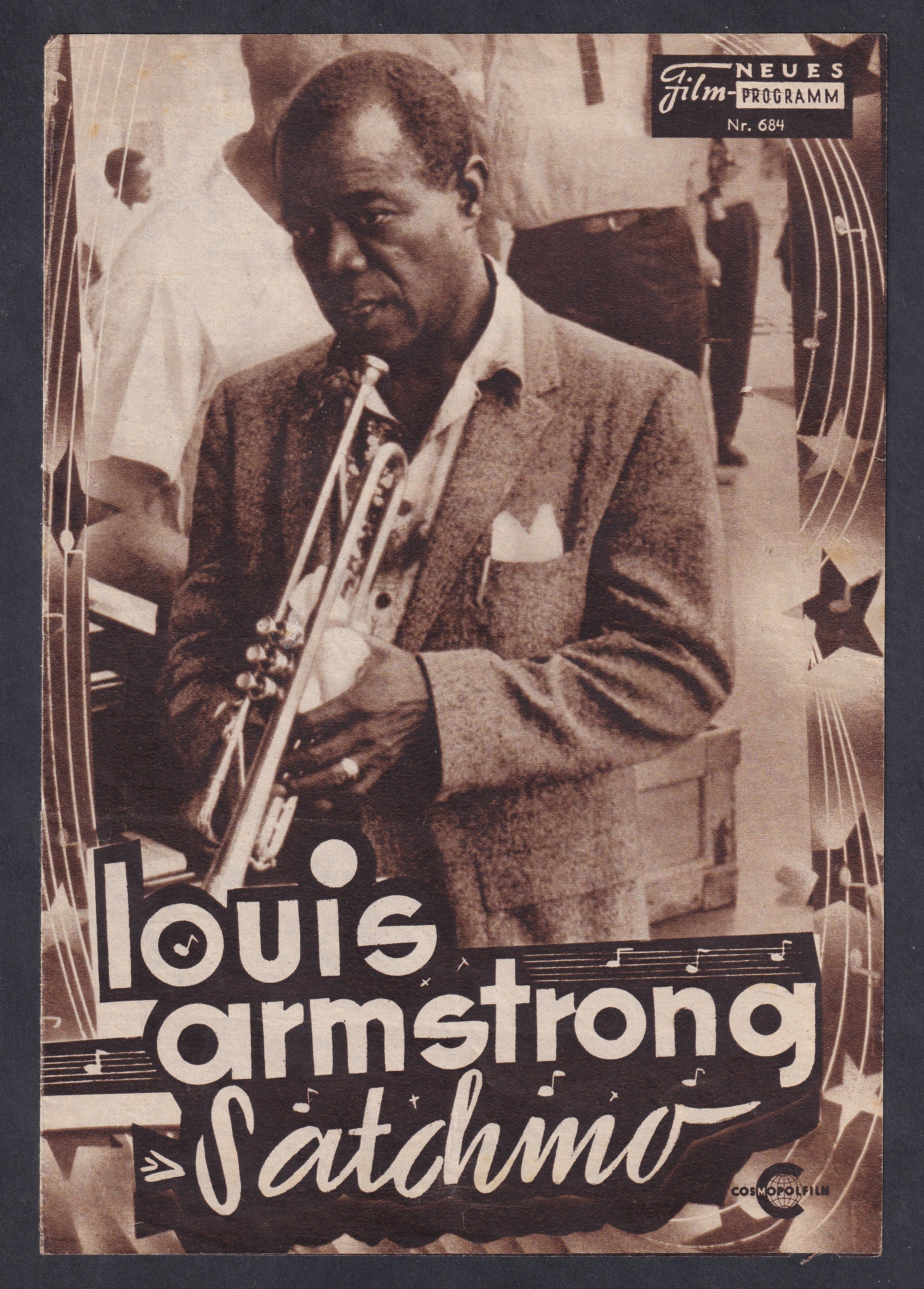 Korabeli osztrák filmműsor Louis Armstrongról, a Satchmo the Great című zenés dokumentumfilm bemutatójához. Az 1957. októberi kiadvány Louis Armstrong egész oldalas fényképeivel.
