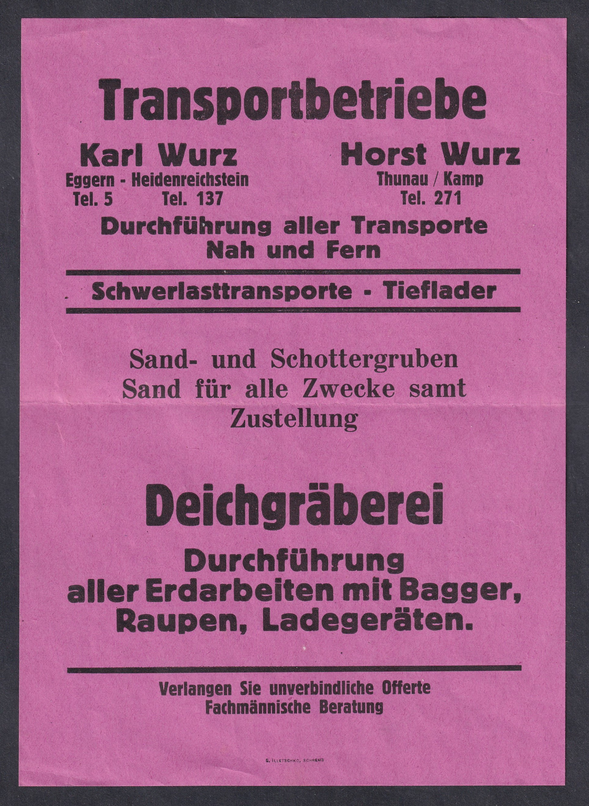 1955-1965 körüli Osztrák szállítmányozási és földmunkavállalati reklámplakát – Karl és Horst Wurz, Eggern–Thunau am Kamp; mérete: kb. 150x210 mm