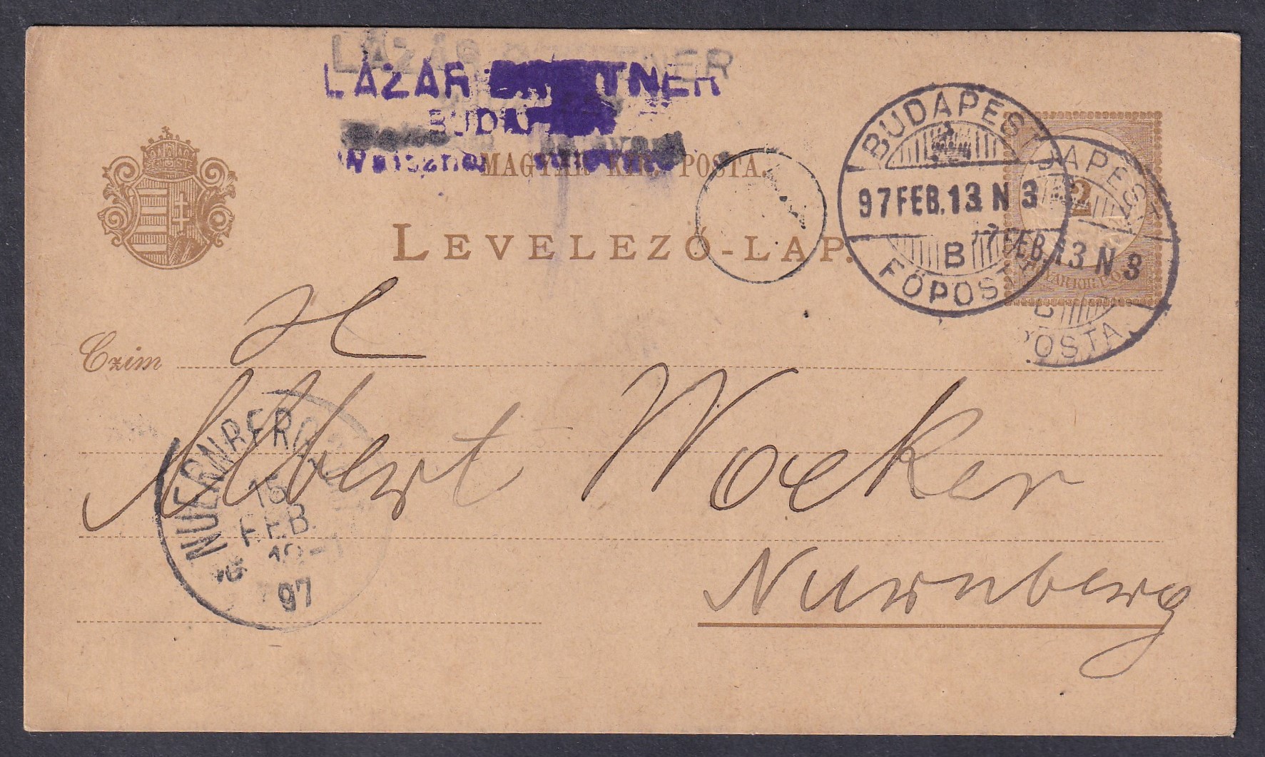 IMG_20260814_0015 1897. Budapest–Nürnberg, 2 krajcáros díjjegyes levelezőlap – érkezési bélyegzéssel
