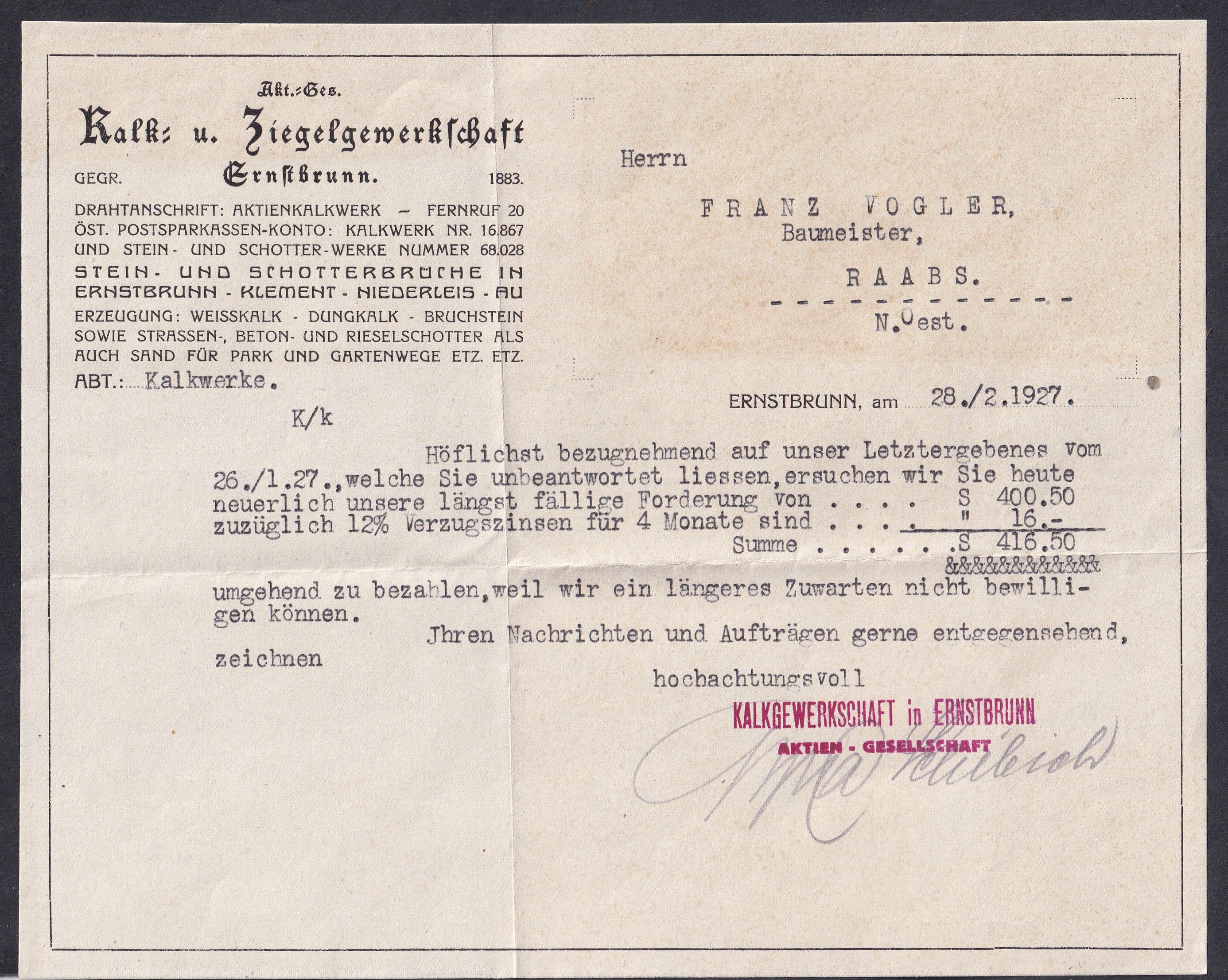 Az ernstbrunni mész- és téglagyár 1927. február 28-án kelt, géppel írt fizetési felszólítása Franz Vogler raabsi építőmester részére