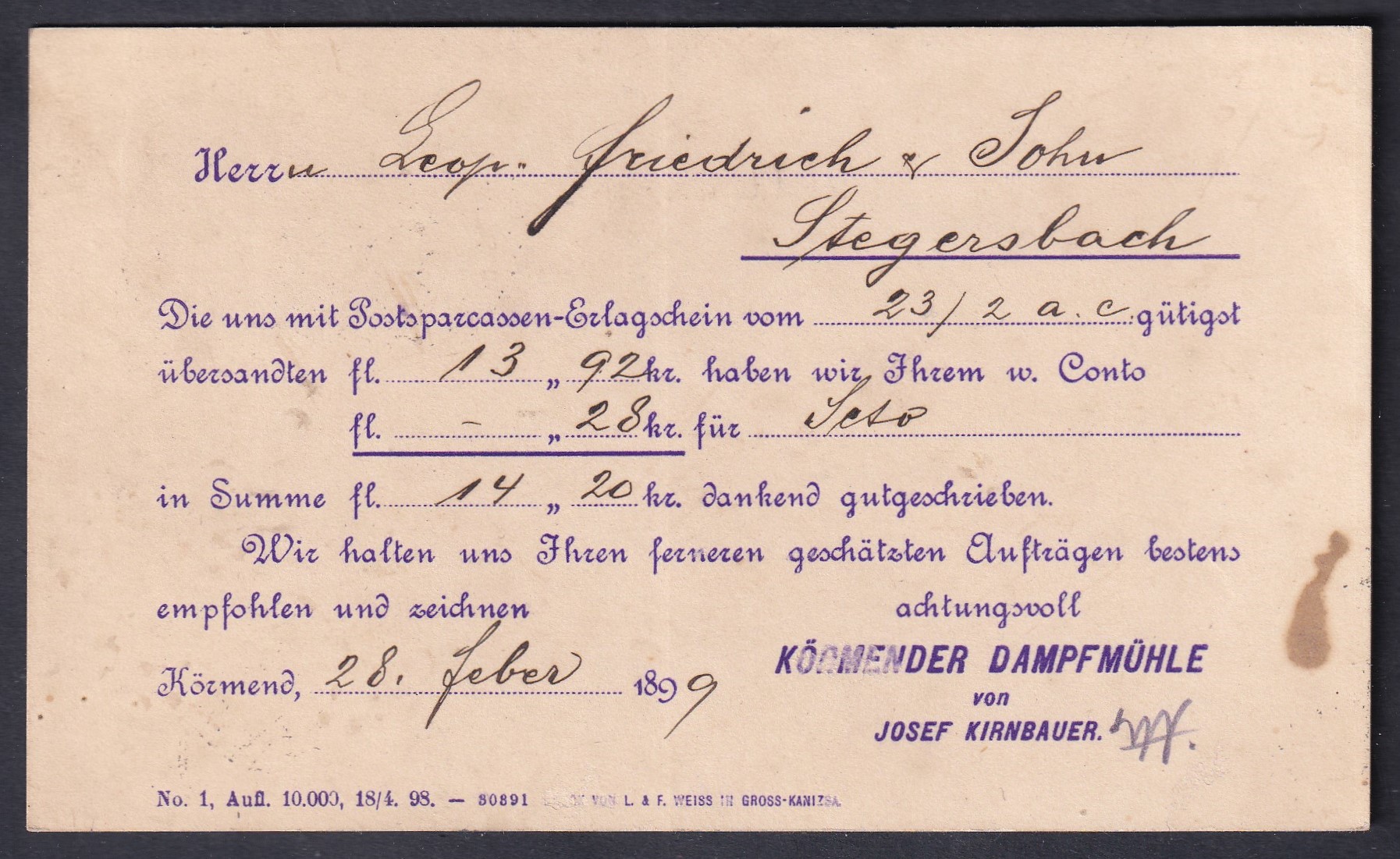 IMG_20260818_0018 1899. Körmend–Stegersbach, a Körmendi Gőzmalom német nyelvű üzleti levelezőlapja, 2 krajcáros bérmentesítéssel és nyomtatásban áthúzott „MAGYAR KIR. POSTA” felirattal – érdekes magánkiadású levelezőlap.