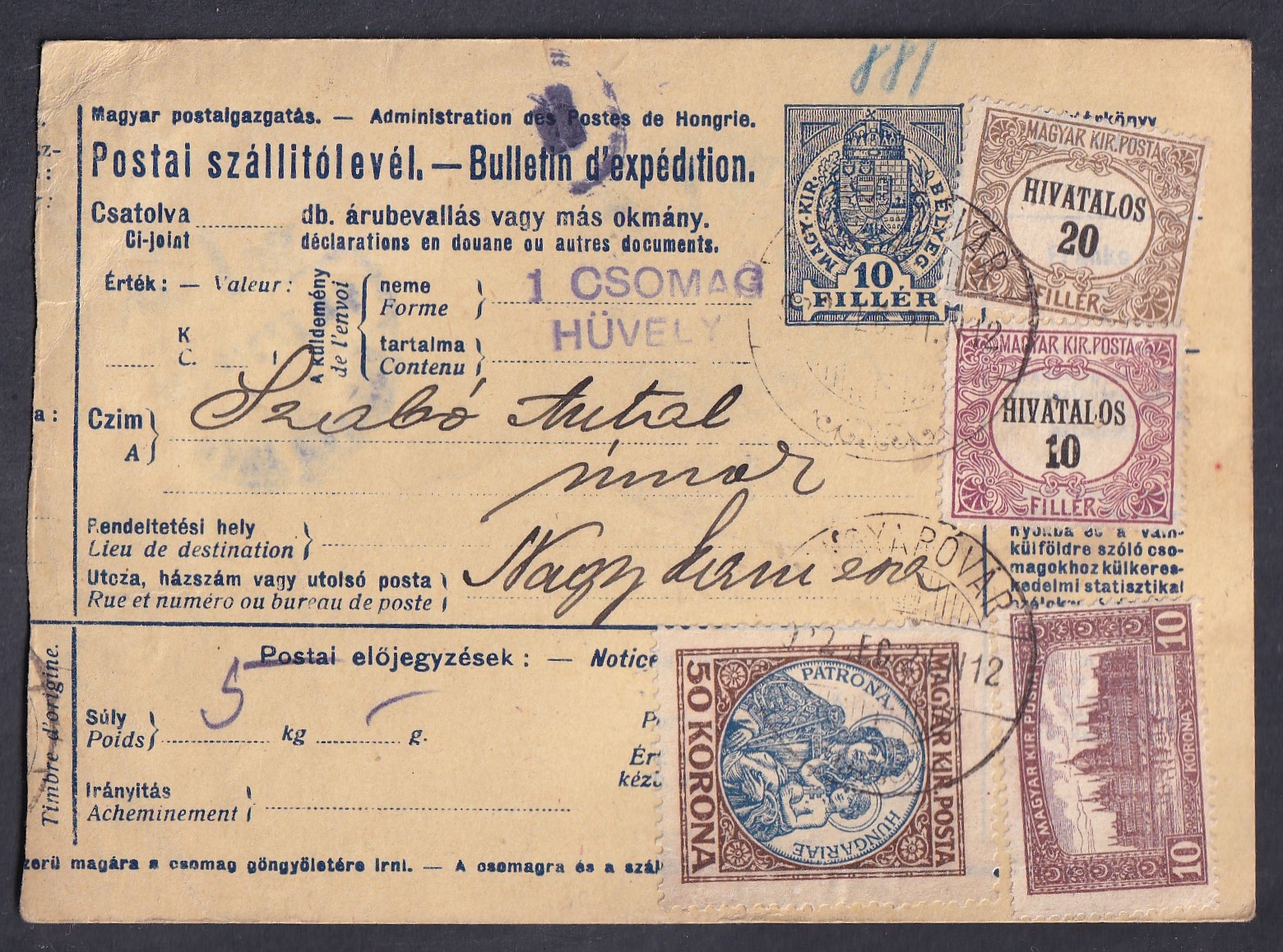 1922. MAGYARÓVÁR, Nagykanizsára feladott szállítólevél - Hivatalos bélyeggel kiegészített számlailletékkel
