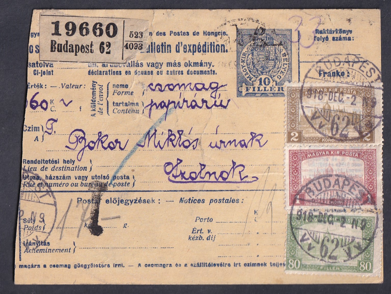 1918. Budapest, Szolnokra feladott szállítólevél