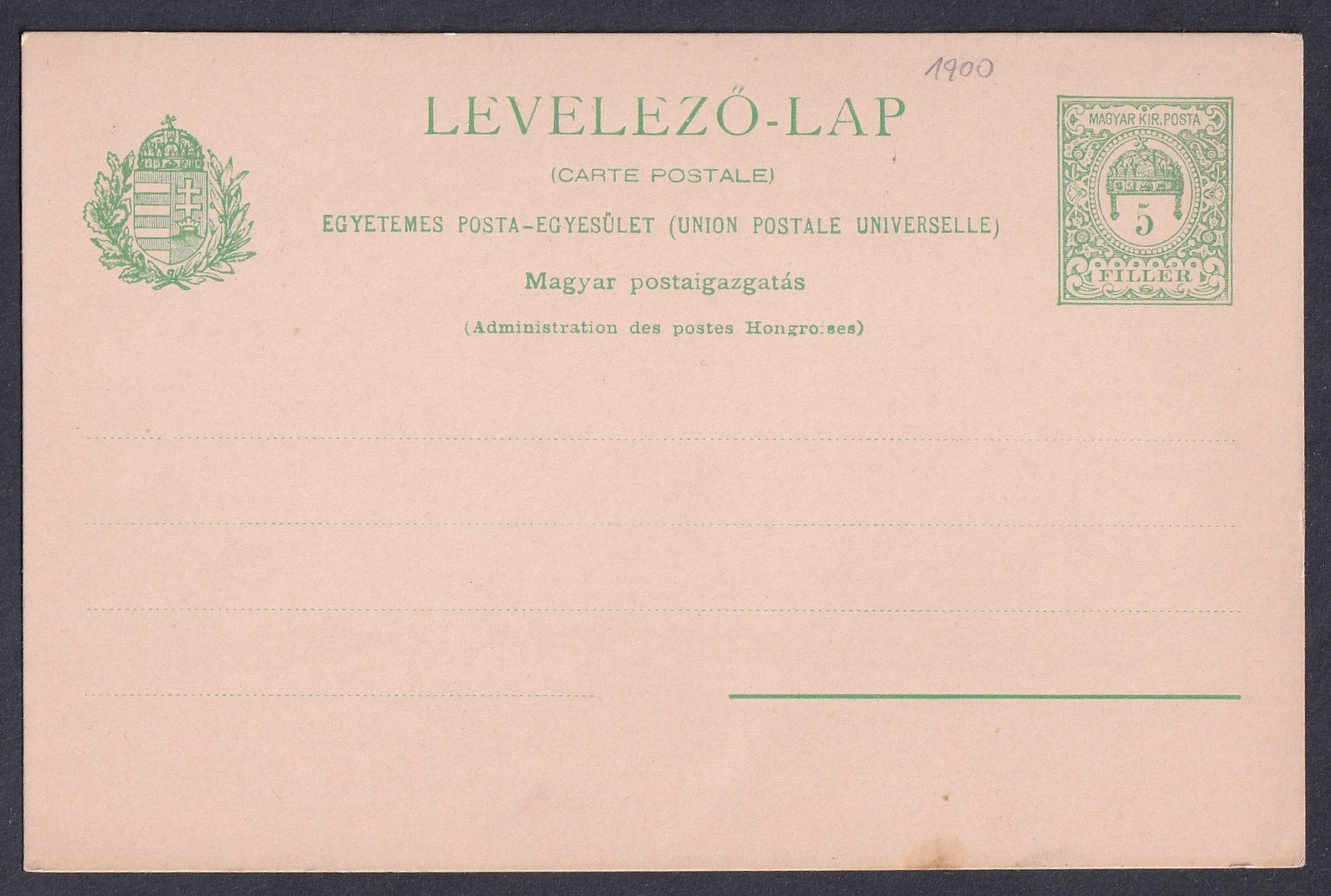 1900. használatlan 5 fillér UPU levelezőlap