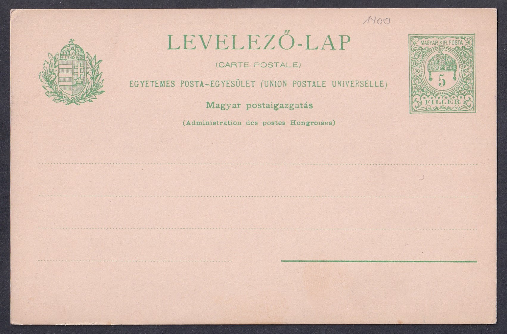1900. használatlan 5 fillér UPU levelezőlap