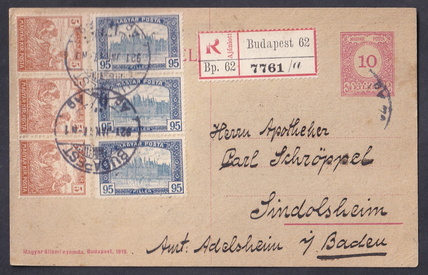 IMG_20260822_0023 1921. Budapest–Lindolsheim (Németország), ajánlott levelezőlap 40 filléres bélyeghiánnyal – az ajánlási ragjegy „R” betűje nyomáshibás!